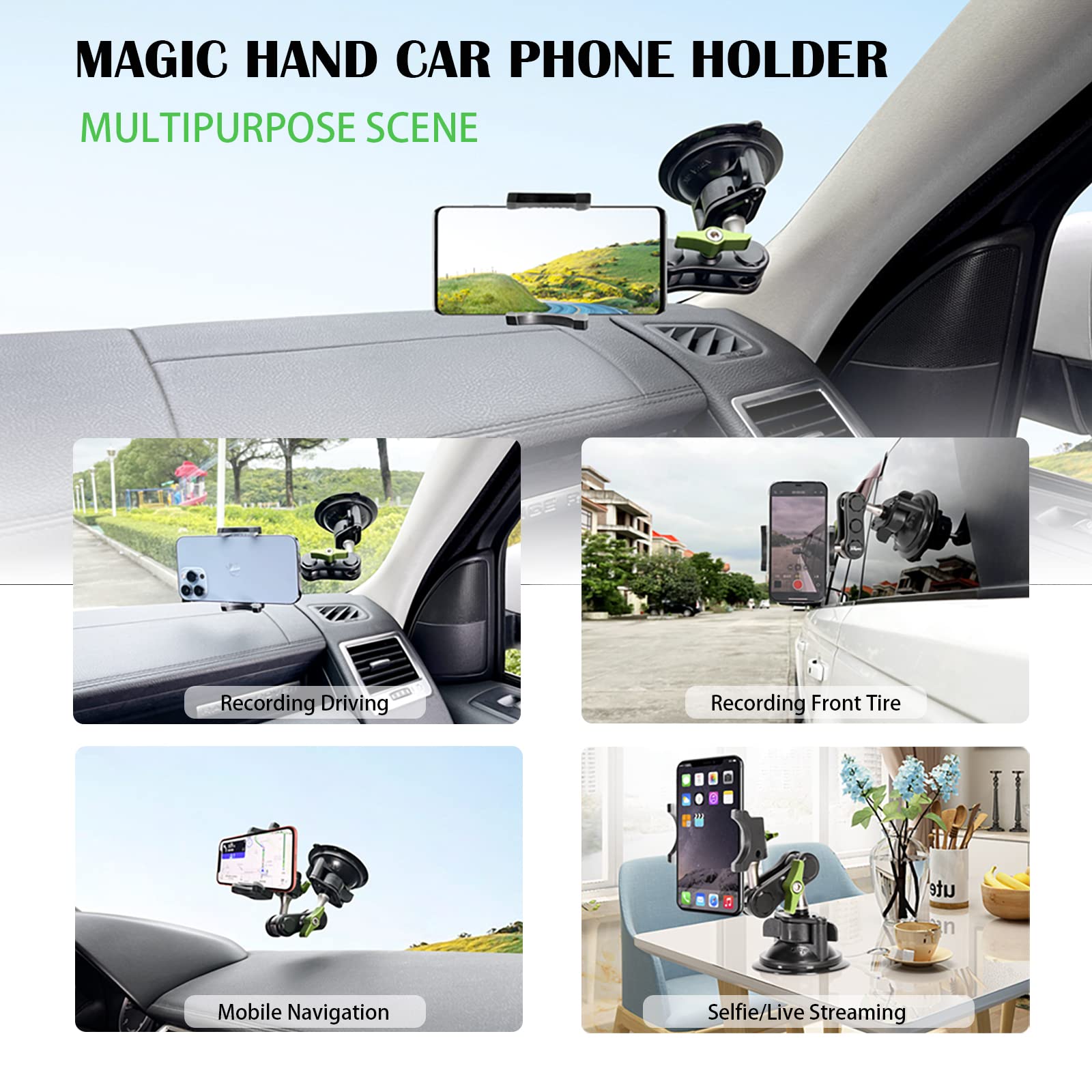 Leepiya Car Phone Mount Video Recording Universal Magic Arm Suction Car Phone Holder Mount Windshield Window Glass Dashboard Vlog Shooting Car Phone Mount For All Smartphones & Cars