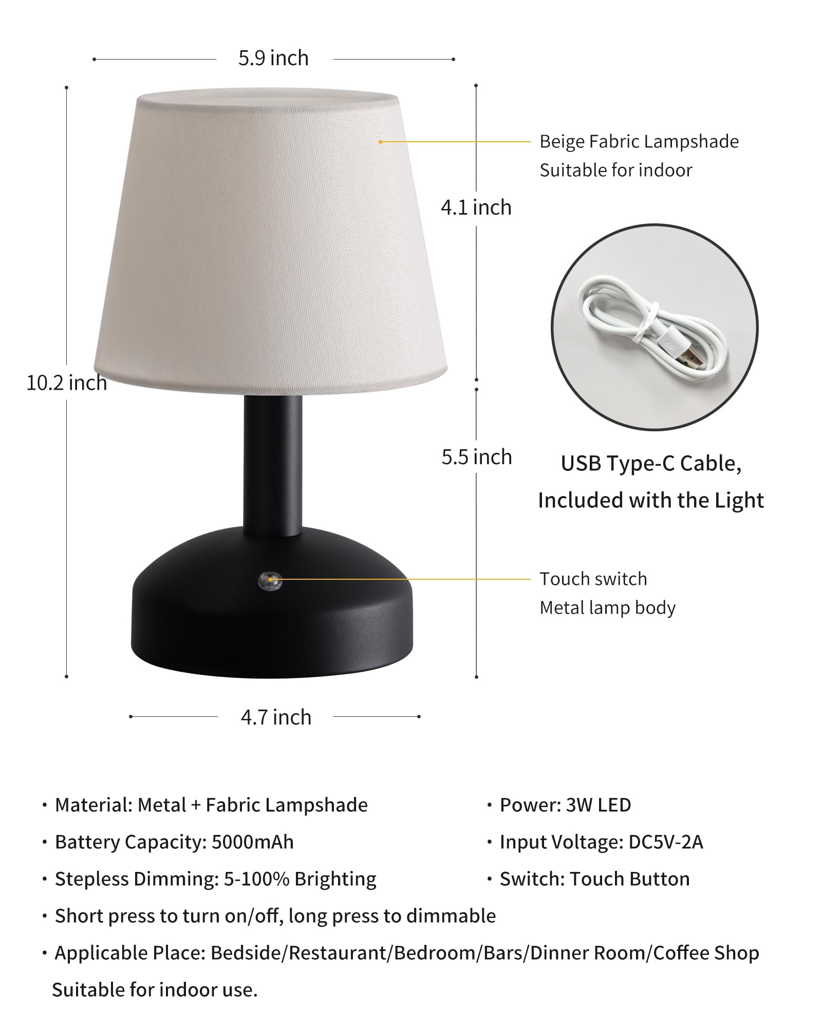 Kdg Modern Cordless Small Table Lamp Set Of 2, Portable Led Fabric Shade Desk Lamps, 5000Mah Rechargeable Battery Operated Lighting For Bedroom, Bedside, Bar, Living Room, Dining Room (Black)