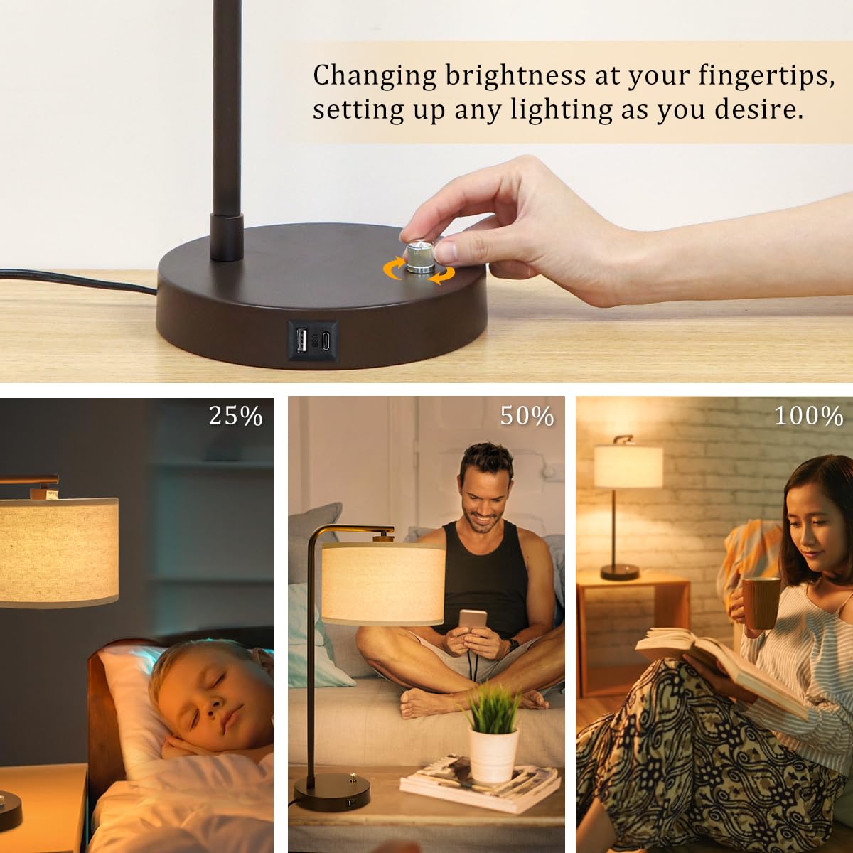 Seaside Village Table Lamp With Usb C+A Ports, Fully Stepless Dimmable Modern Bedside Nightstand Lamp, Tall Reading Desk Lamp For Bedroom, Living Room, Study Room, Office, 9W 3000K Led Bulb Included
