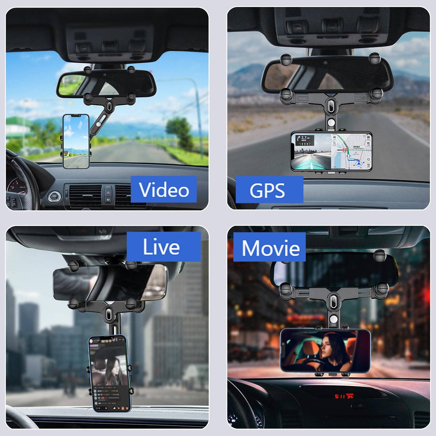 Powdapte Rear View Mirror Phone Holder, 360°Rotatable And Retractable Rearview Mirror Phone Holder For Car,  Four Corners Anti-Shake Multifunctional Design For All Iphone & Car Rearview Mirror