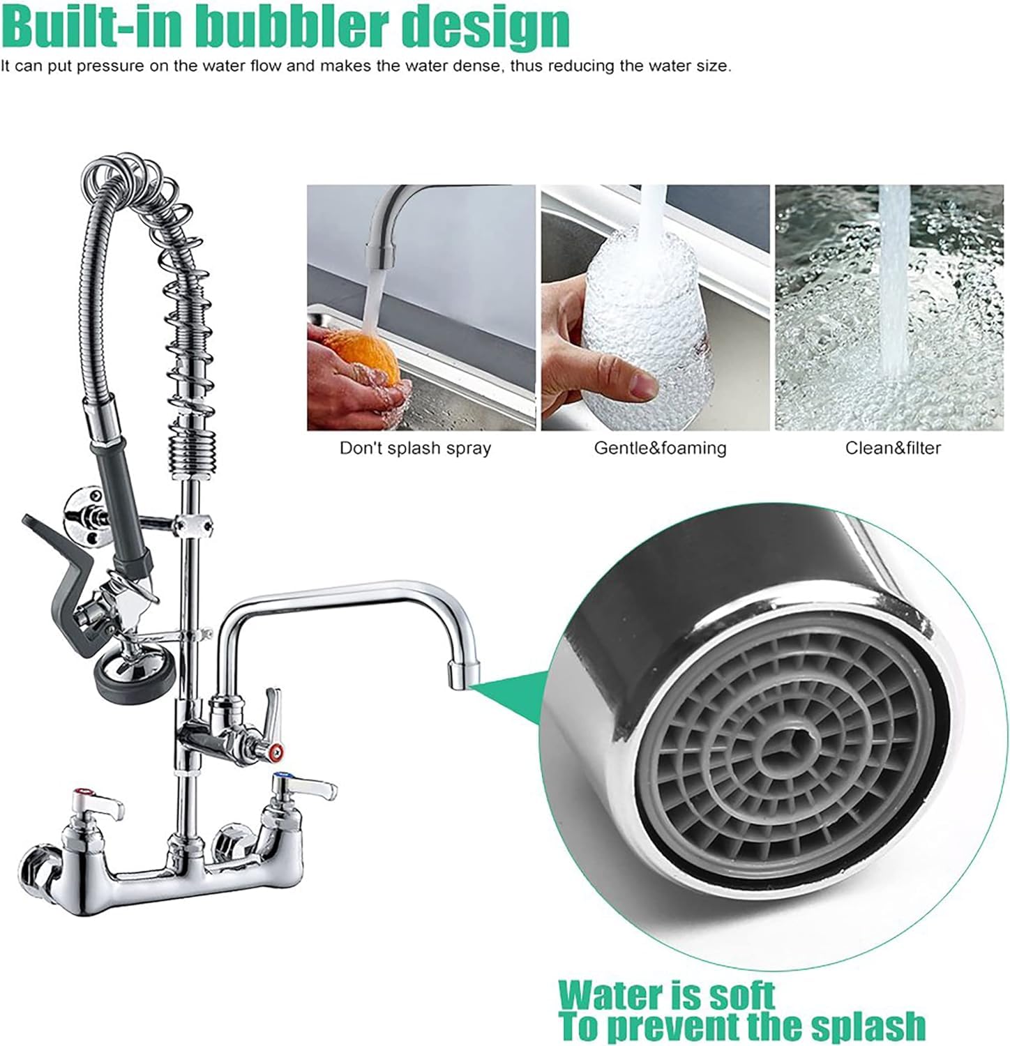 Bestjeef Commercial Wall Mount Kitchen Sink Faucet Brass Constructed Polished Chrome Pre-Rinse Device 25" Height 8" Center With Spring Pull Down Sprayer And 12" Add-On Spout (25 Inches)