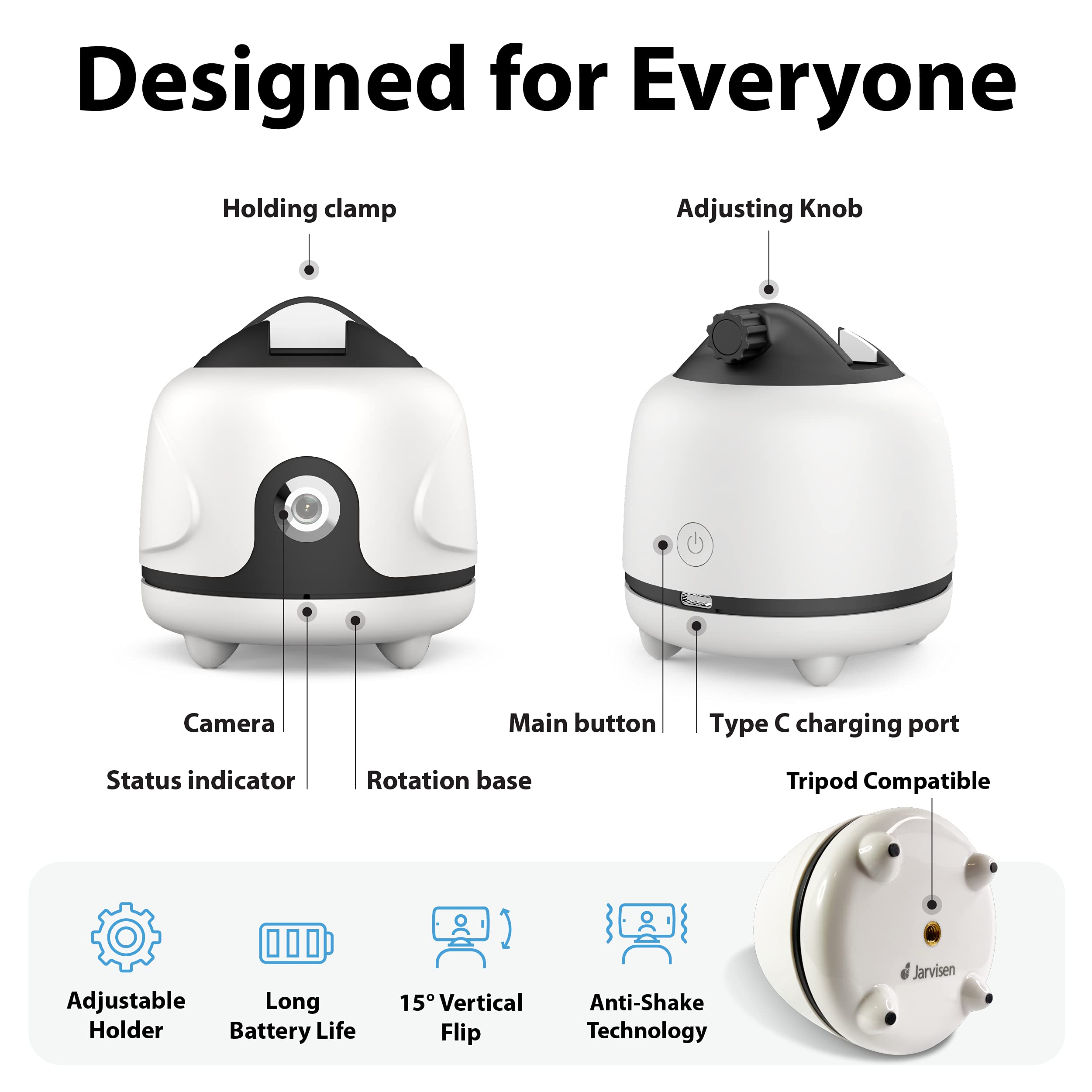 Jarvisen Tripod Auto Face Tracking Tripod, Phone Stabilizer No App Required, 360° Rotation Face Body Tripod Camera Mount Smart Shooting Phone Tracking Holder For Live Vlog Streaming Video