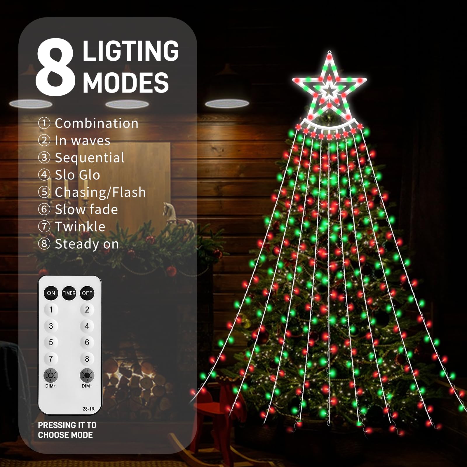 Vtznoj 350 Led Christmas Decorations Star String Lights Waterproof Waterfall Starlights 8 Light Modes Remote & Timer,Waterproof Seasonal Lighting Decor For Home Xmas Tree Yard Wedding Party (Red&Green)