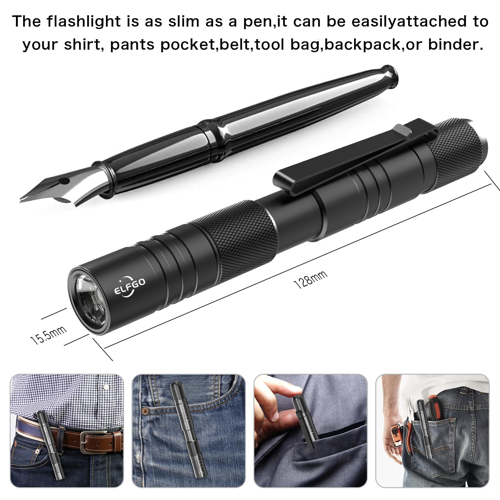 Elfgo Rechargeable Zoomable Led Penlight, 3 Modes, 350 Lumens Pocket Size Clip Flashlight For Nurse, Inspection, Repair, Emergency