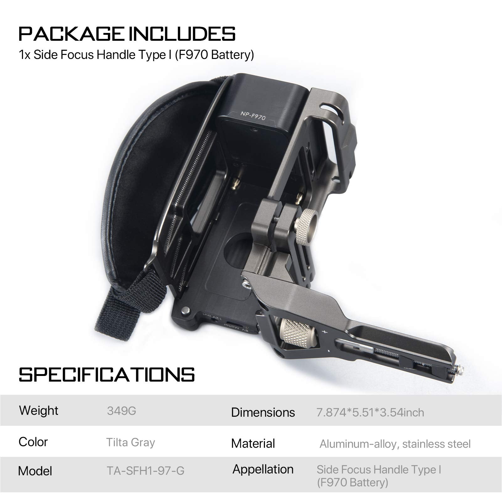 Tilta Tiltaing Side Focus Handle Type I (F970 Battery)  Compatible With Tiltaing Camera Cages For Bmpcc 4K/6K, Gh Series, Nikon Z6/Z7, A6, Xt3/Xt4  Gray