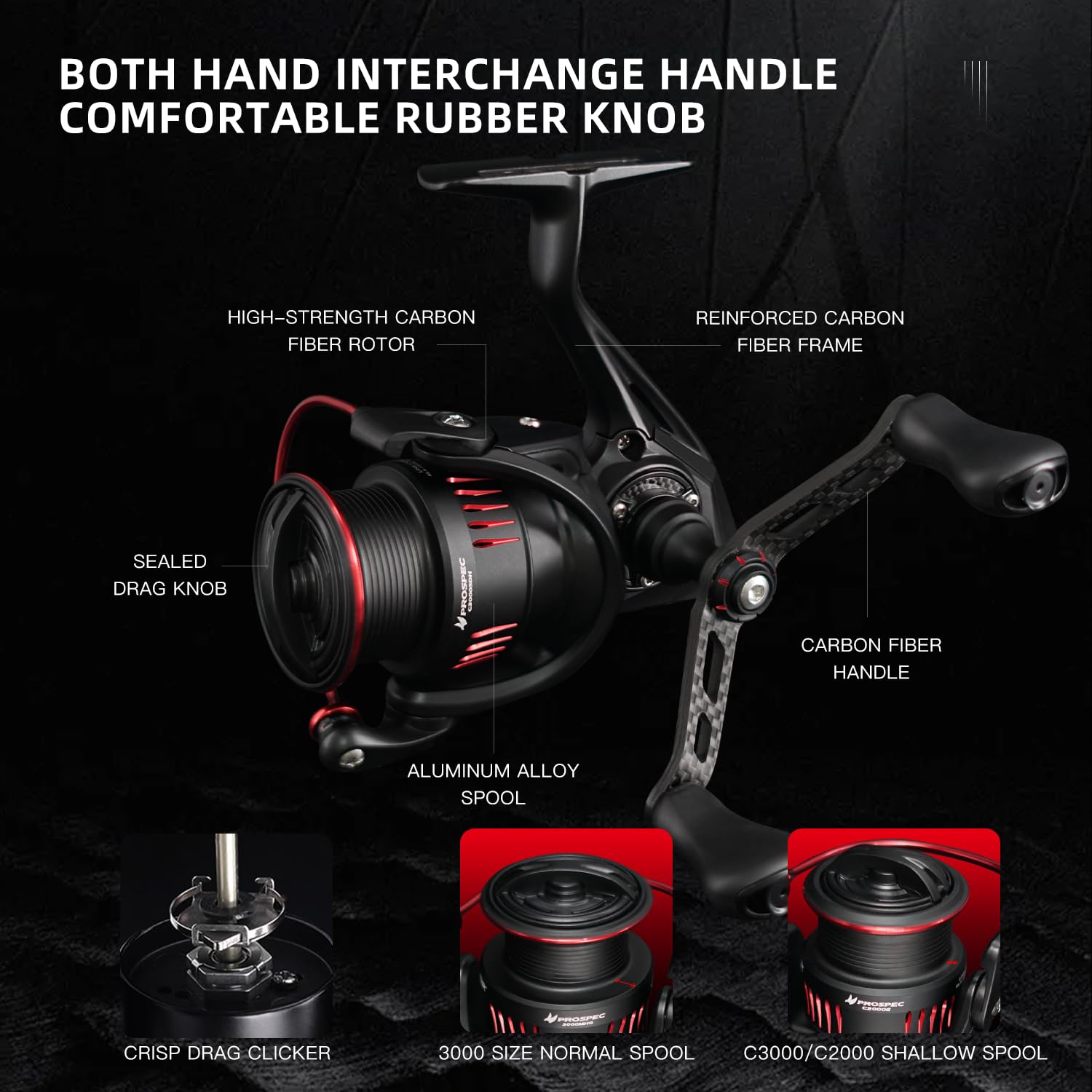 Seasir Prospec Spinning Reels, Ultralight Fishing Reels Carbon Fiber, Max Drag Up To 19.8Lb, 5.2:1/6.2:1 Gear Ratio, Compact, 8+1 Shielded Ball Bearing, Smooth, Freshwater Saltwater