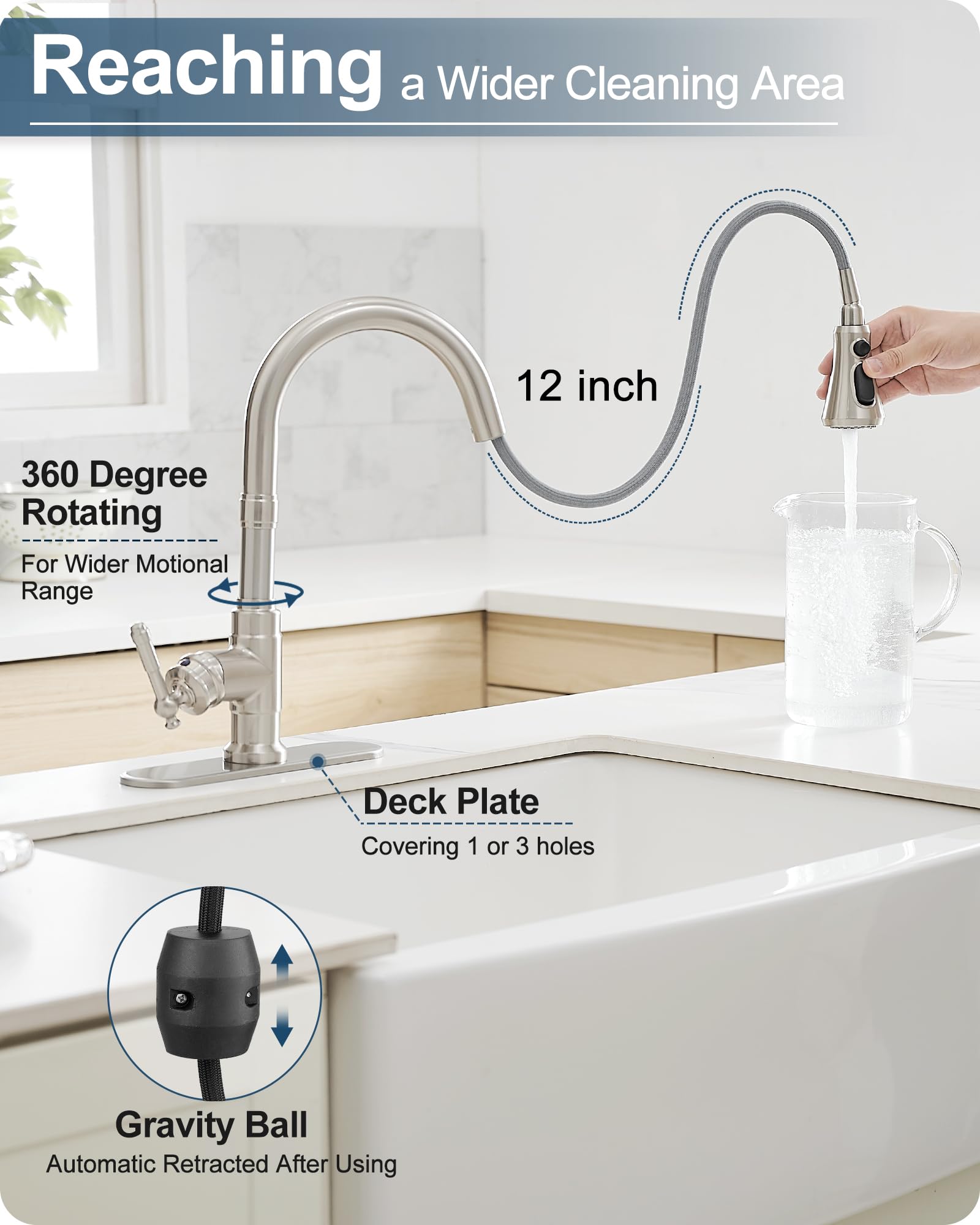 Hoigy Brushed Nickel 3-Function Pull-Down Sprayer Kitchen Faucets, 1 Or 3 Hole High Arc Classic Single Handle Kitchen Sink Faucet With Deck Plate, For Farmhouse Camper Rv Laundry Utility Room