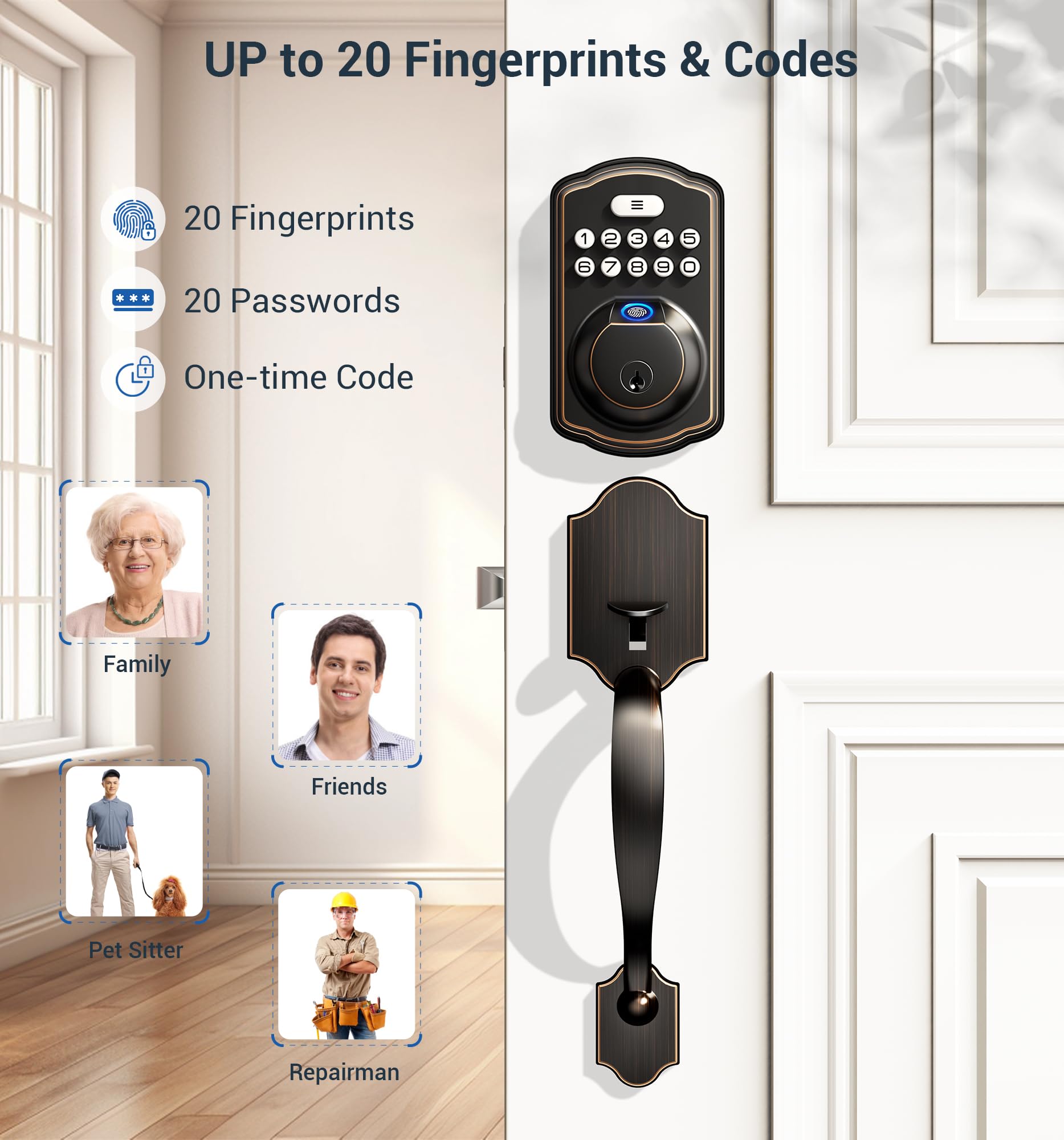 Veise Fingerprint Door Lock Set, Keyless Entry Door Lock, Front Handle Set, Electronic Keypad Deadbolt With Lever Handle, 2 Keys, Auto-Locking, One-Time Codes, Easy To Install, Oil Rubbed Bronze