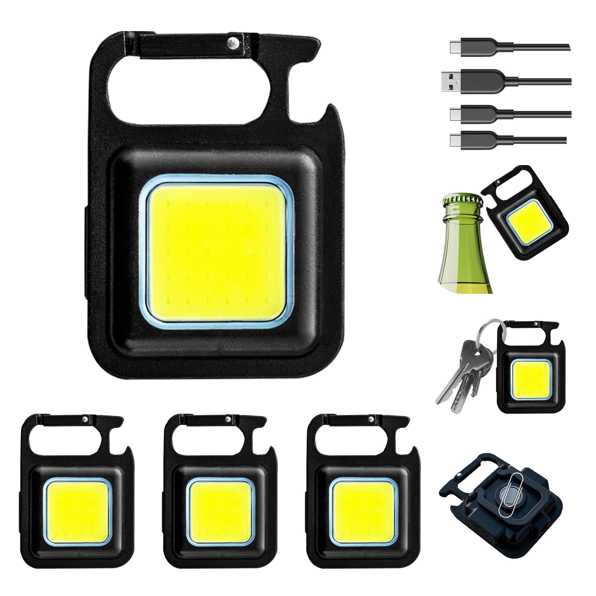 Netadobe Cob Keychain Flashlight With Bottle Opener-Rechargeable Flashlight Edc Gear For Men ,Clip On Flashlight, Led Keychain Light For Work Light, Camping, And Dog Walking,Mini Lights Led Mini (Pack Of 4)