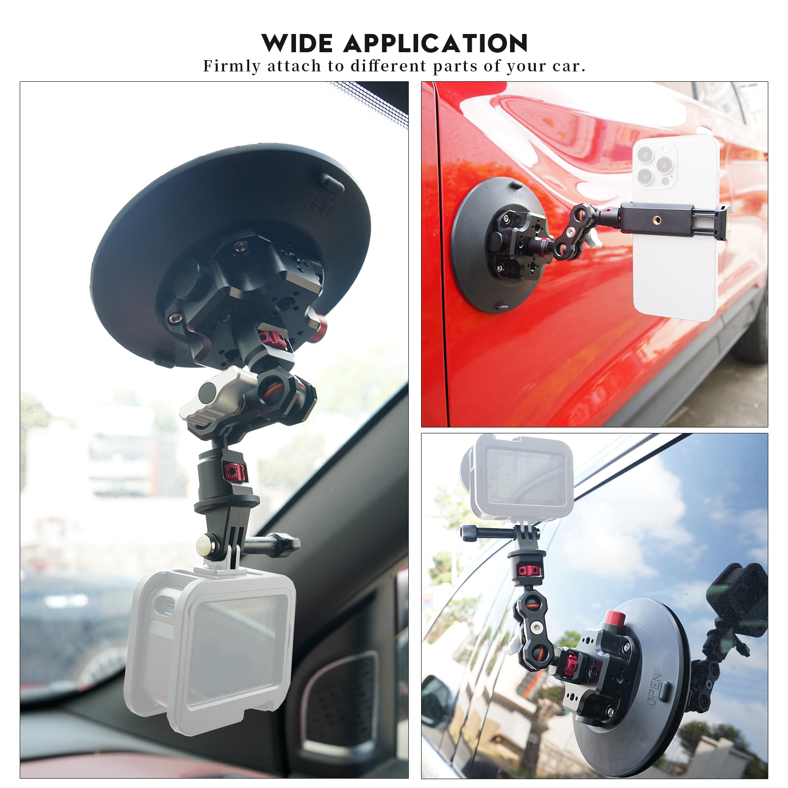 Fifield 6In Camera Suction Cup Phone Mount With Ball Head Magic Arm, Quick Release Car Mount For Action Camera Phone Dji Insta360, Air Pump Vacuum Suction Cup, 1/4" 3/8" Arri Holes