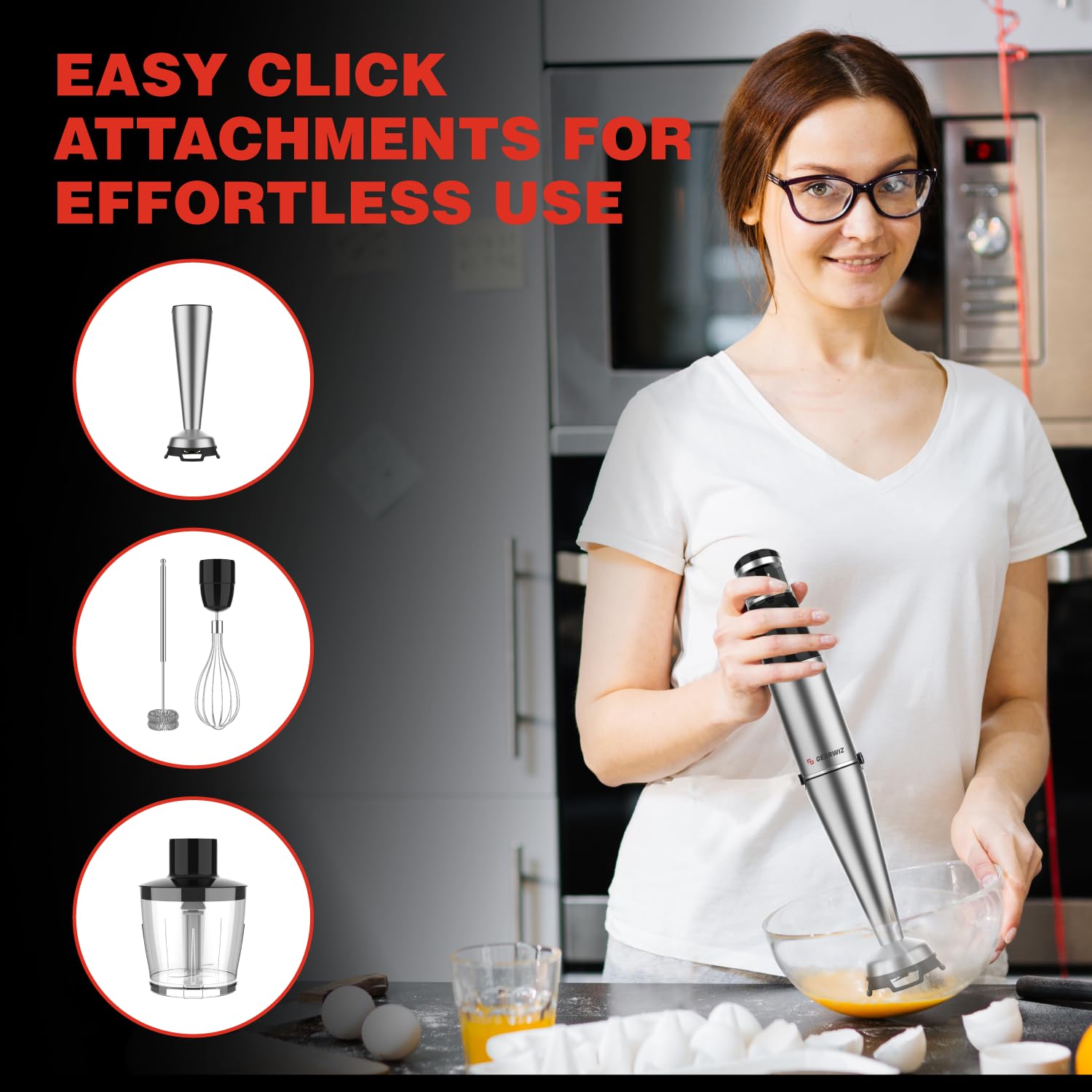 Gearwiz 1100W Corded Hand Blender – 6-In-1 Stick Blender – Variable Speed Immersion Blender With Titanium Blades – Corded Blender With Whisk Chopper Frother Storage Holder & Silicone Cover