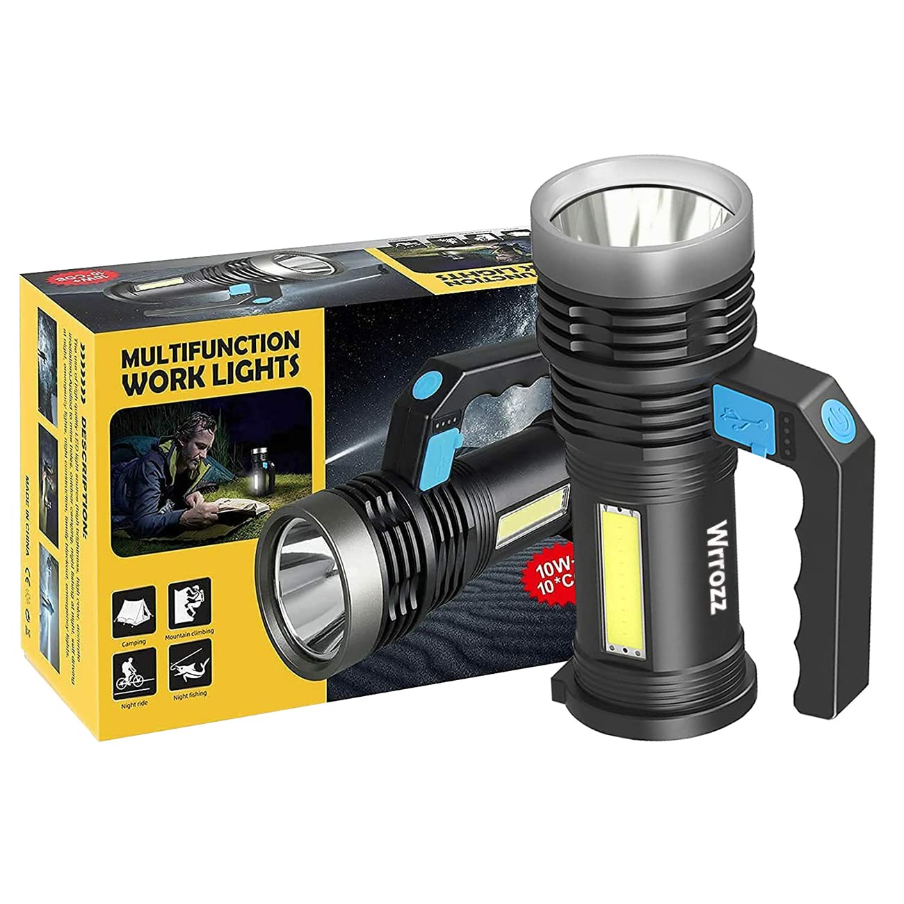 Wrrozz Led Flashlight High Lumens Usb Rechargeable Flashlight For Camping, Hiking, Walking, Powerful Emergency Flashlight With 4 Modes For Outdoor Use, Bright Flashlight With Sidelight Lantern