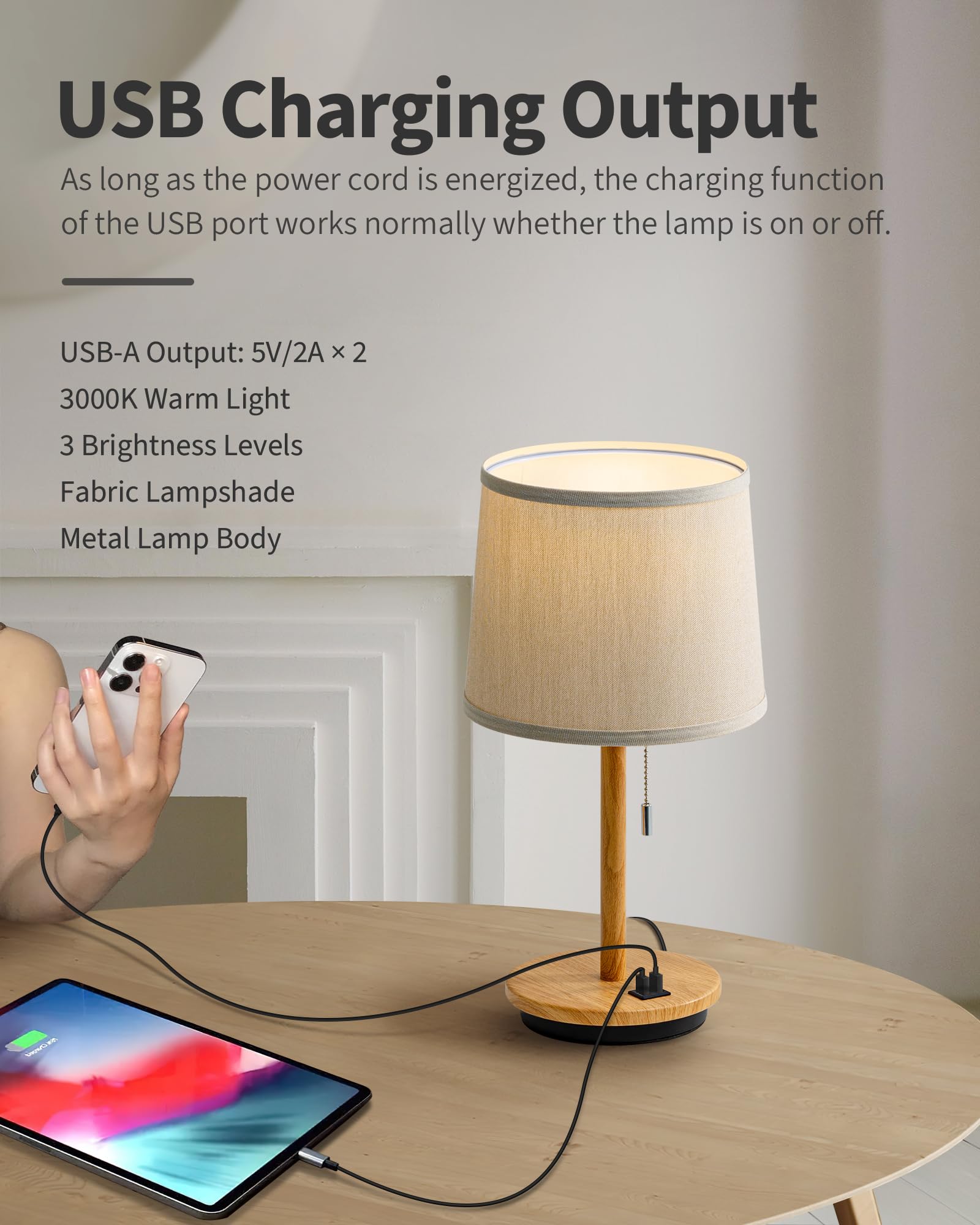Visdanfo Modern Table Lamp For Bedroom Set Of 2, Desk Lamp With Usb Port, Fabric Shade 3 Brightness Levels Nightstand Lamps For Living Room, Bedside, Study Room, Dorm, Led Bulb Included (Flaxen)