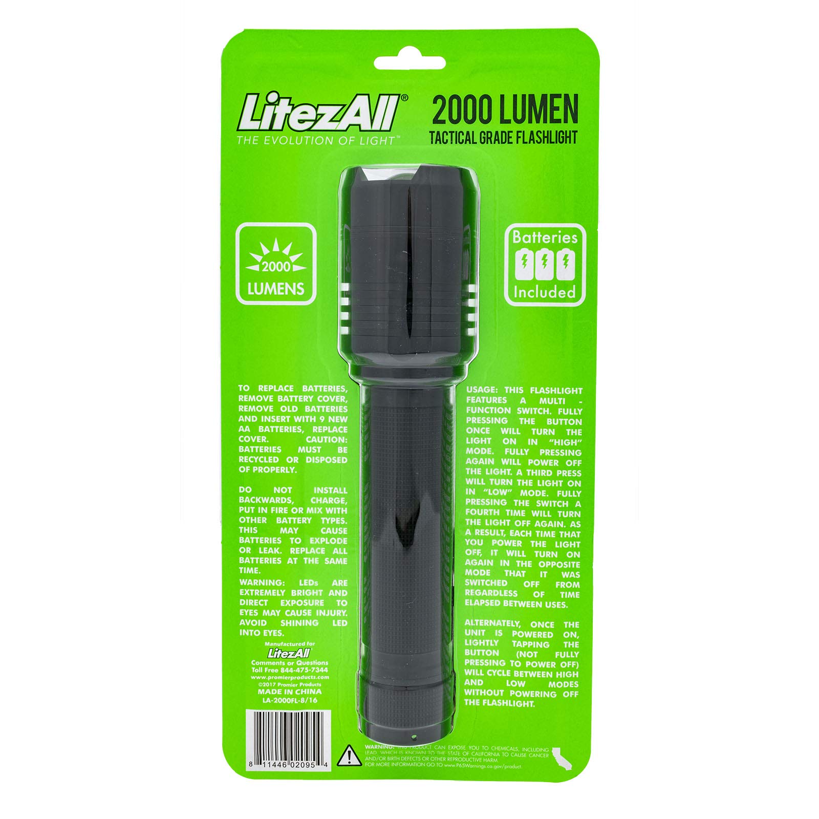 Promier Litezall Led Tactical Flashlight - 2000 High Lumen Flashlight, 2 Light Modes, Adjustable Focus, Weather Resistant For Camping, Hiking, Security And Emergency Use - Batteries Included