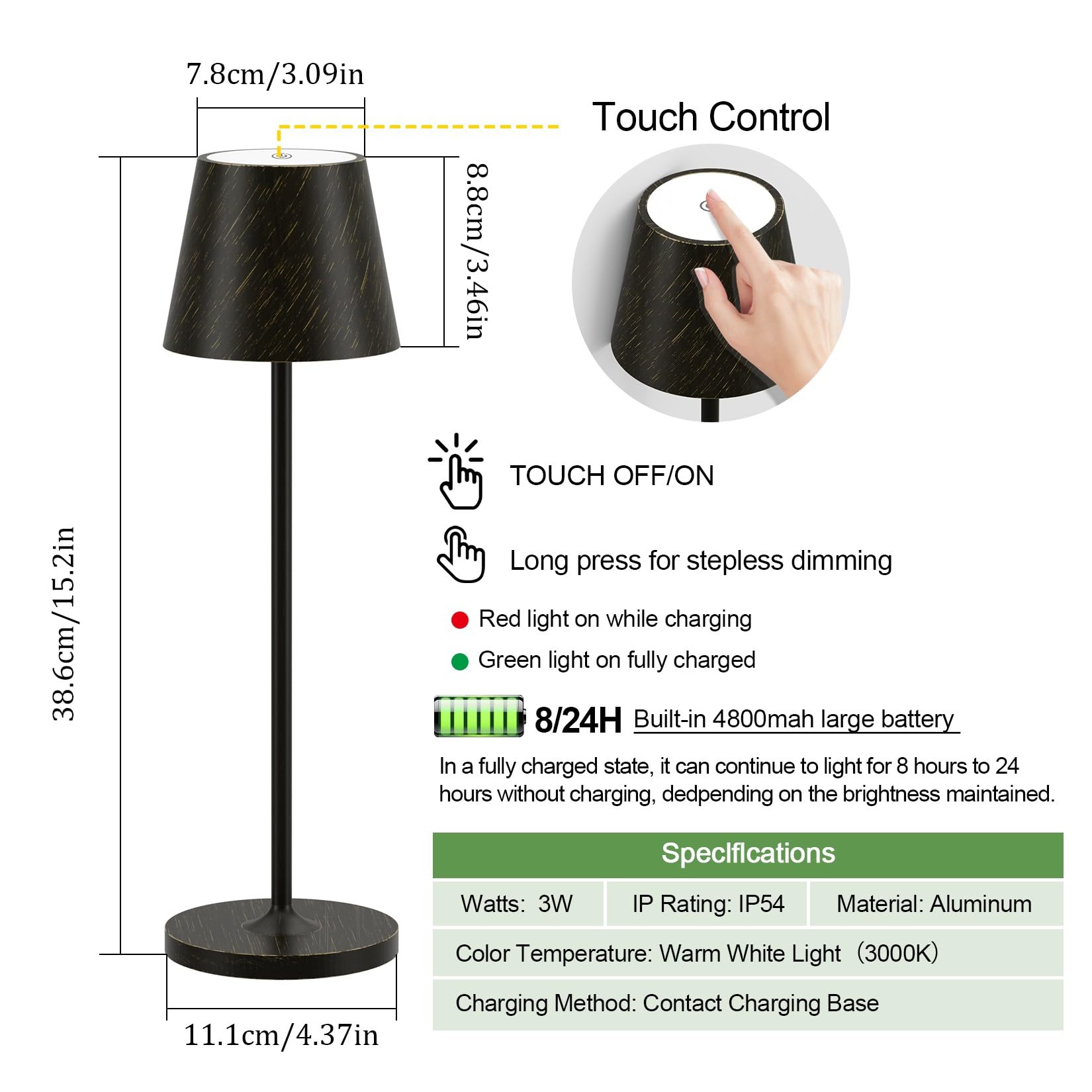 Ralbay Ip54 Aluminum Cordless Rechargeable Table Lamp Led Modern Battery Operated 4800Mah Waterproof Portable Stepless Dimmable Desk Lamp For Restaurant/Bedroom/Camping/Outdoor (Black Brush Gold)