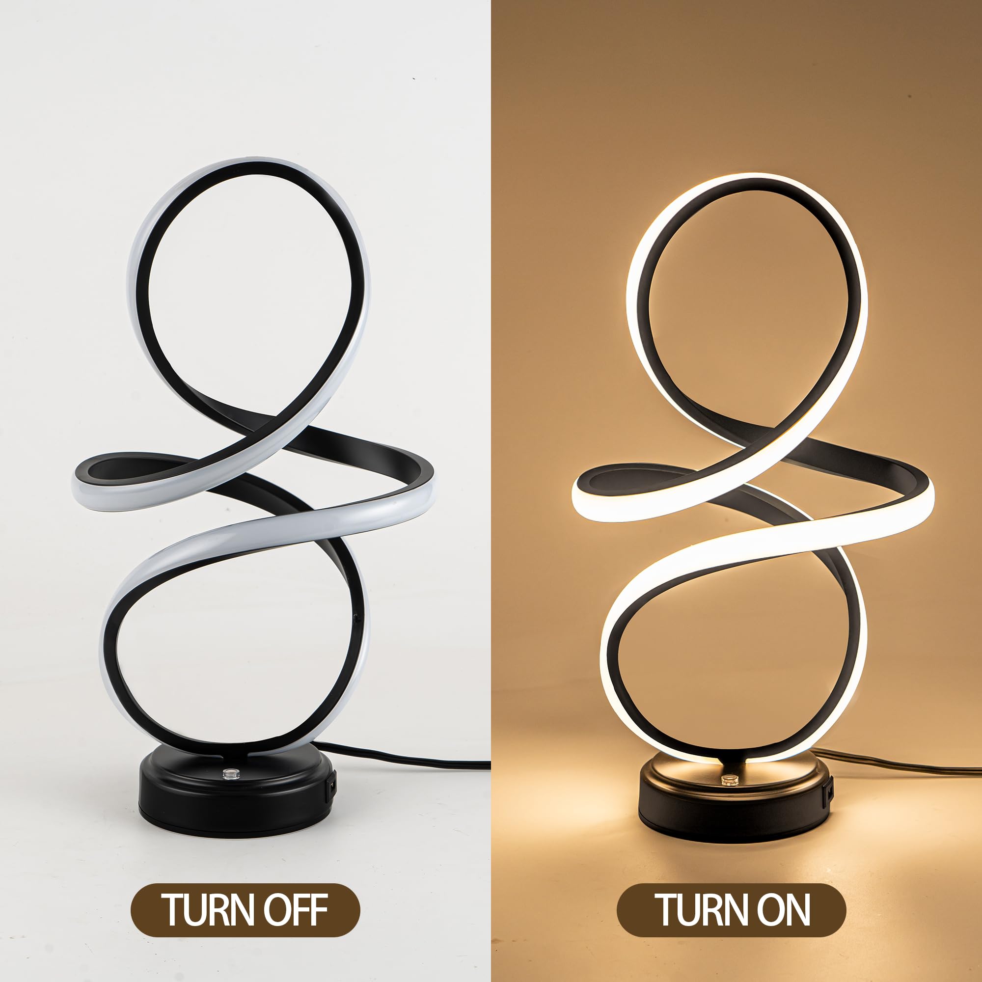 Mayful Modern Led Spiral Table Lamp,Black Touch Control Bedside Lamp With Usb Charging Ports,Contemporary Stepless Dimmable Nightstand Lamp For Bedroom Living Room Home Office,12W, 3200K Warm White