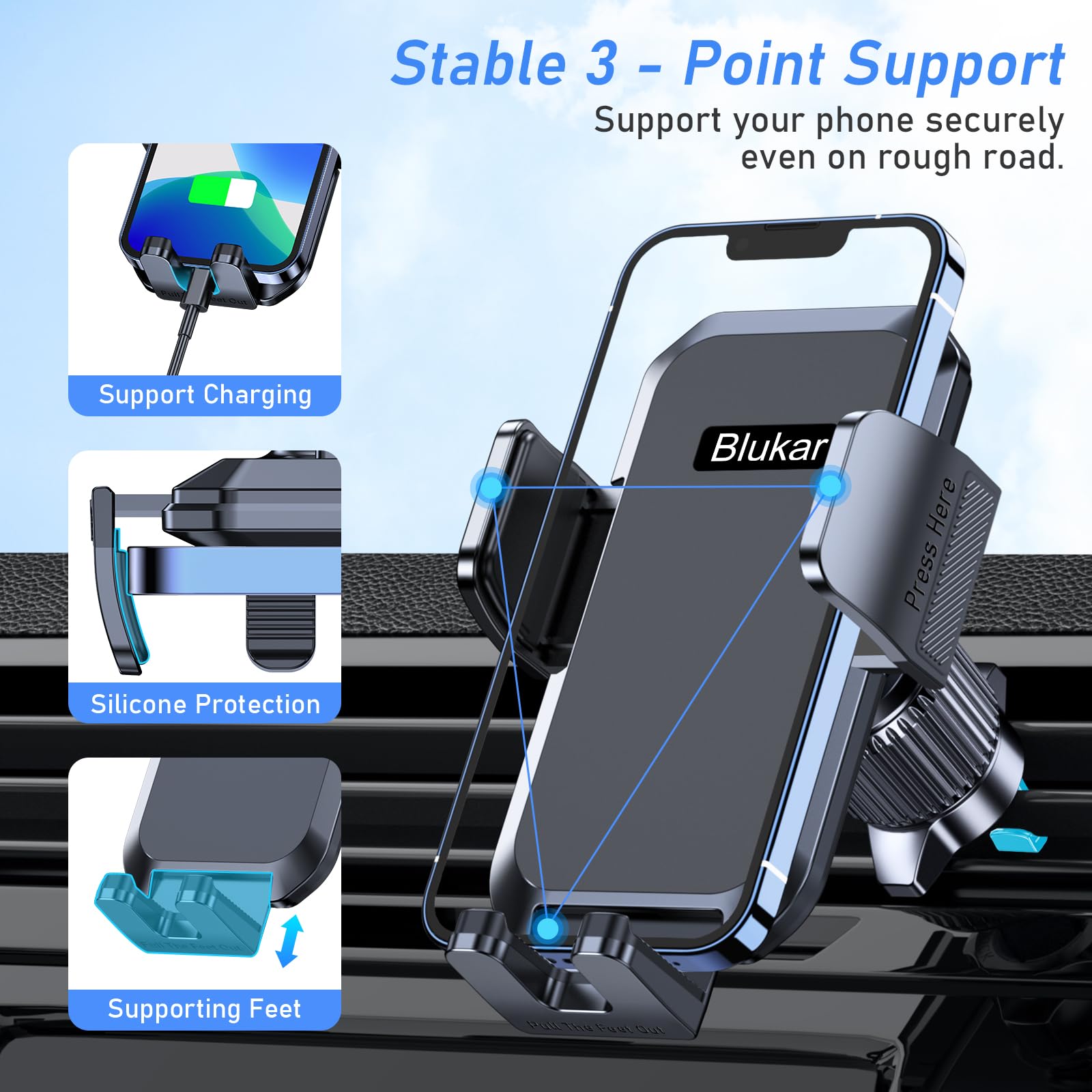 Blukar Car Phone Holder Mount, Super Stable Air Vent Cell Phone Car Mount With  Metal Hook Clip, 360° Rotation,One Button Release For Iphone, Samsung, Google, And All Other Smartphones