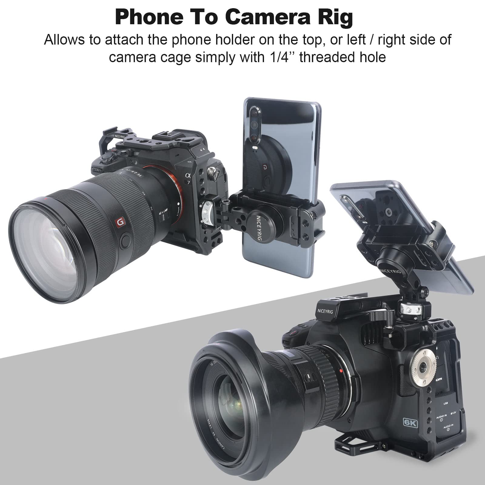 Niceyrig Pro Phone Holder With 1/4 Mount 360 Degree Rotation And 180 Degree Tilt For Dslr And Mirrorless, Cinema Camera, Camcorder Cage Rig - 519