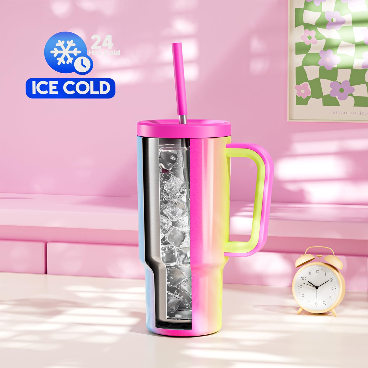 Meoky 24 Oz Tumbler With Handle And Straw, 100% Leak-Proof Tumbler With Lid And Straw