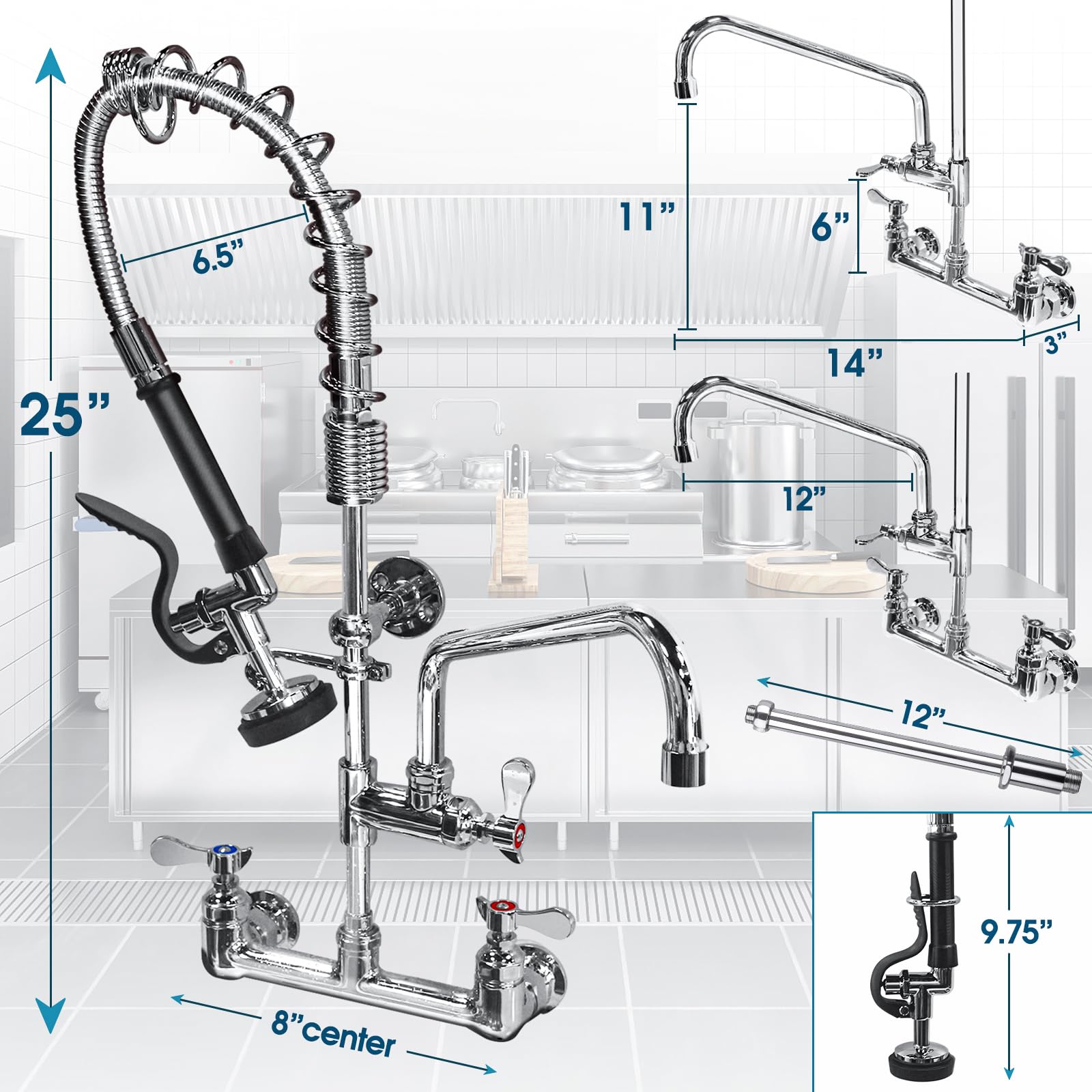 Netisr Commercial Faucet With Sprayer, Brass Chrome Wall Mount Restaurant Kitchen Sink Faucet 25" Height 8" Center With Coilded Spring Pull Down Pre Rinse Sprayer, 12" Spout And 18" Hose (25 Inches)
