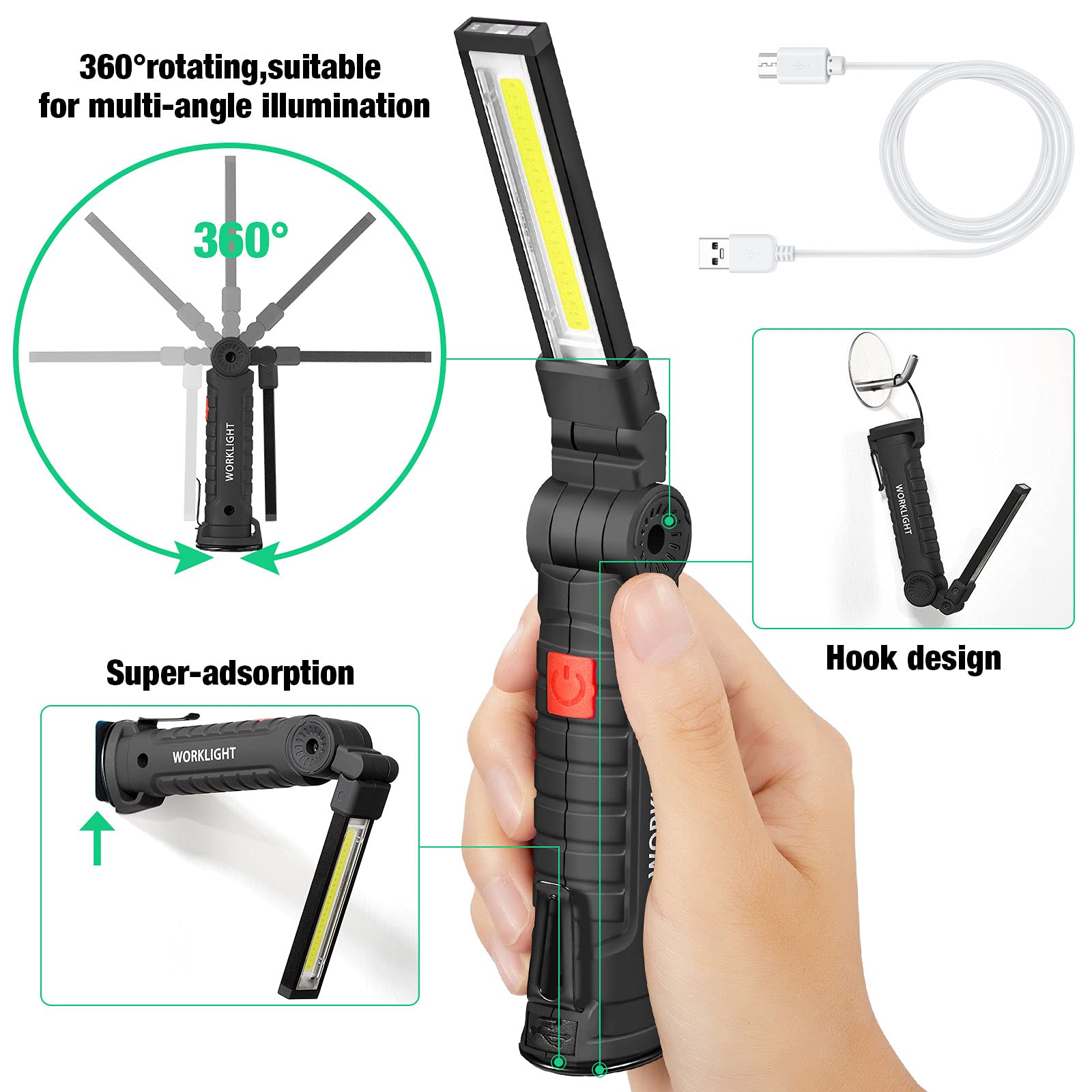 Honoson 4 Pieces Led Work Light Cob Rechargeable Work Flashlight With Magnetic Base, Hanging Hook And 360° Rotate 5 Modes Portable Led Flashlight For Car Repair, Household And Outdoor(Large)