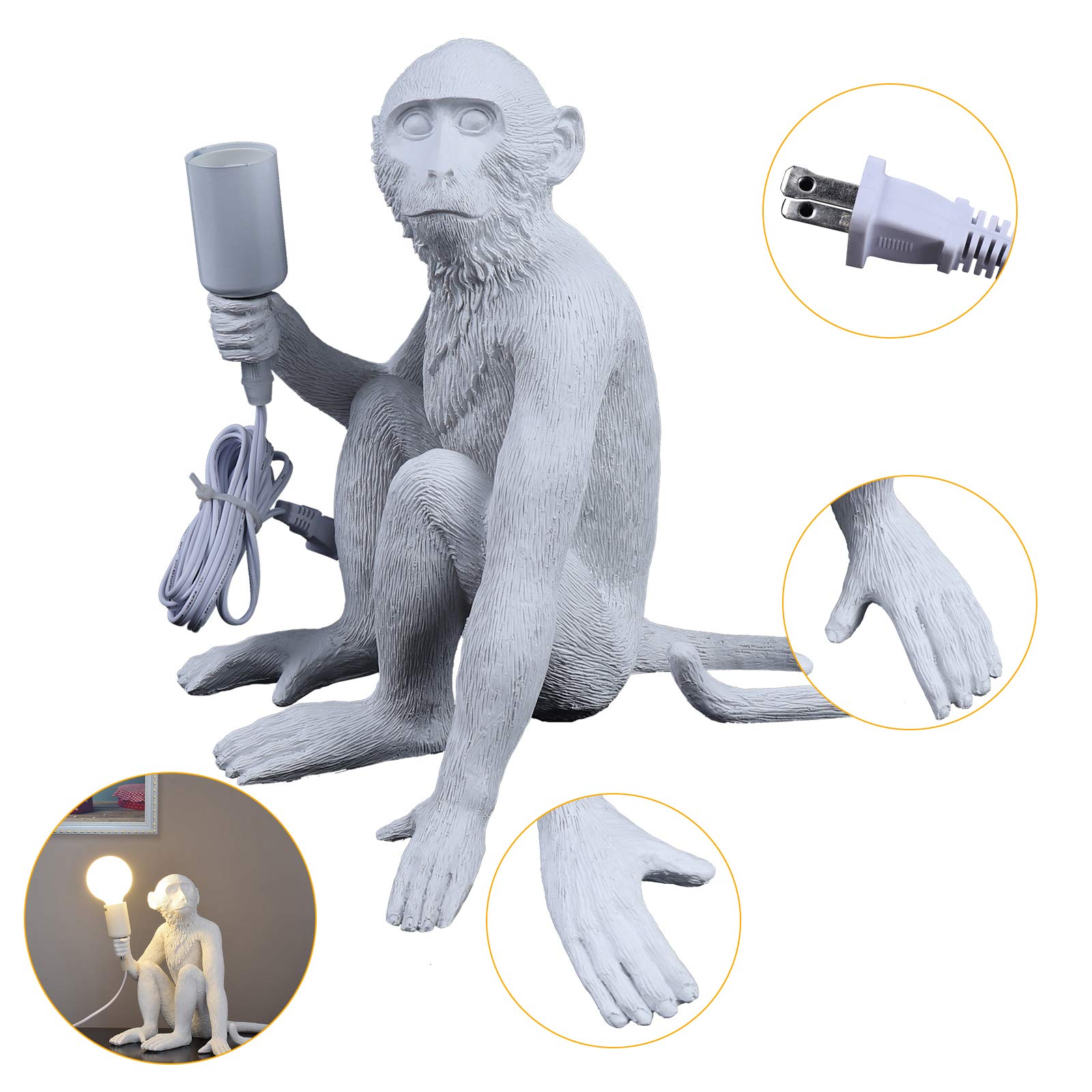 Tiardocge Modern Table Light, Resin Sitting Monkey Desk Lamp, Animal Bedside Led Light For Living Room, Bedroom, Kids Room, Office, College Dorm (White)