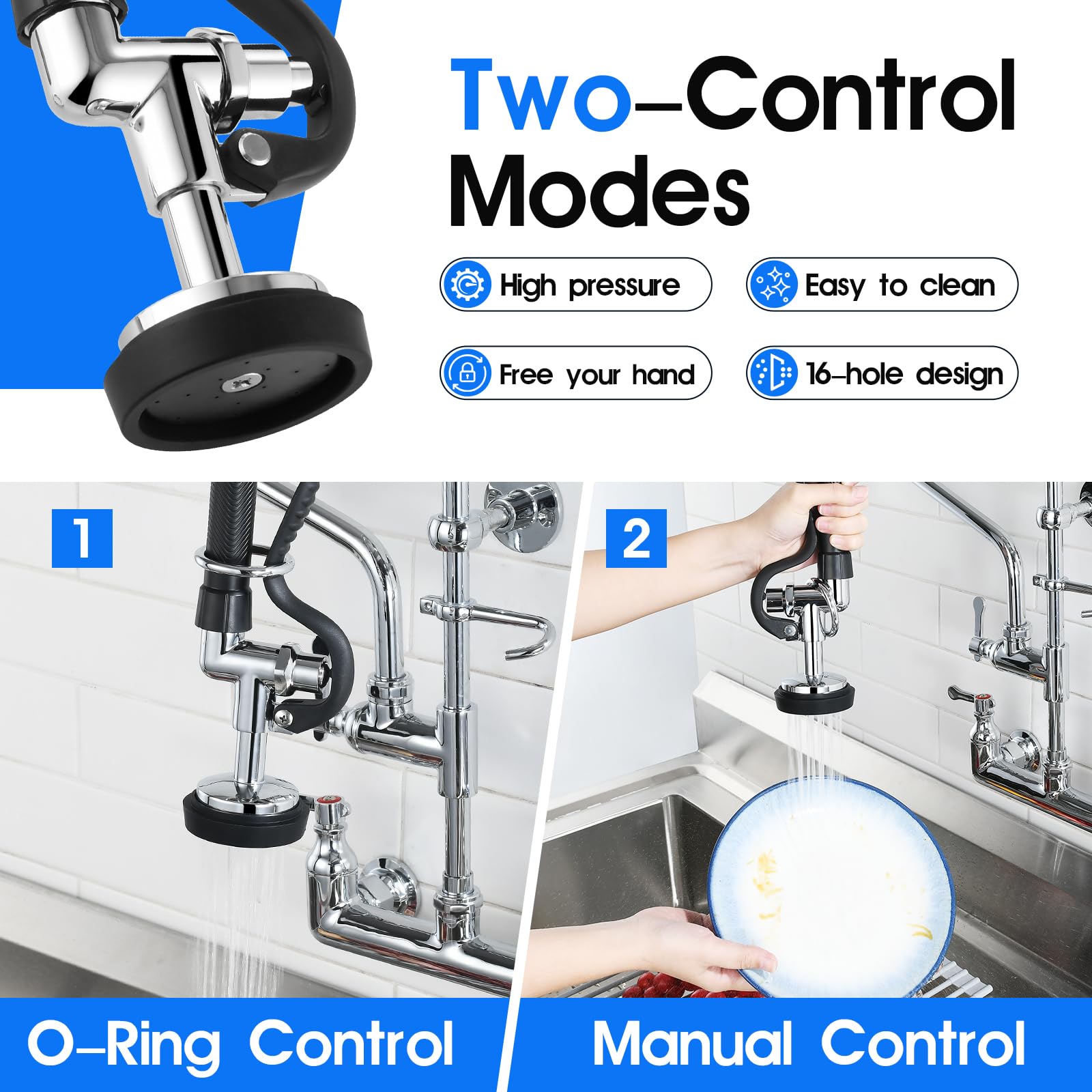 Oierzin Commercial Kitchen Faucet With Pre-Rinse Sprayer 8 Inch Center Wall Mount Kitchen Sink Faucet With Pull Down Spray - 25" Height Compartment Sink Faucets With 12 Inches Add-On Spout