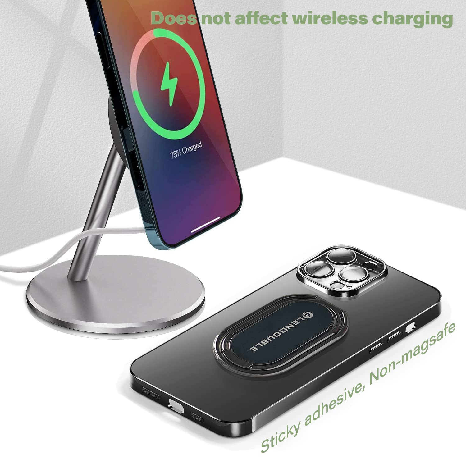 L Lendouble Phone Ring Holder Finger Kickstand, 360 Rotation Foldable Ultra-Thin Metal Cell Phone Back Hand Grip For Magnetic Car Mount & Office Desktop, Adjustable Cellphone Stand For Iphone 16 Ipad Smartphones