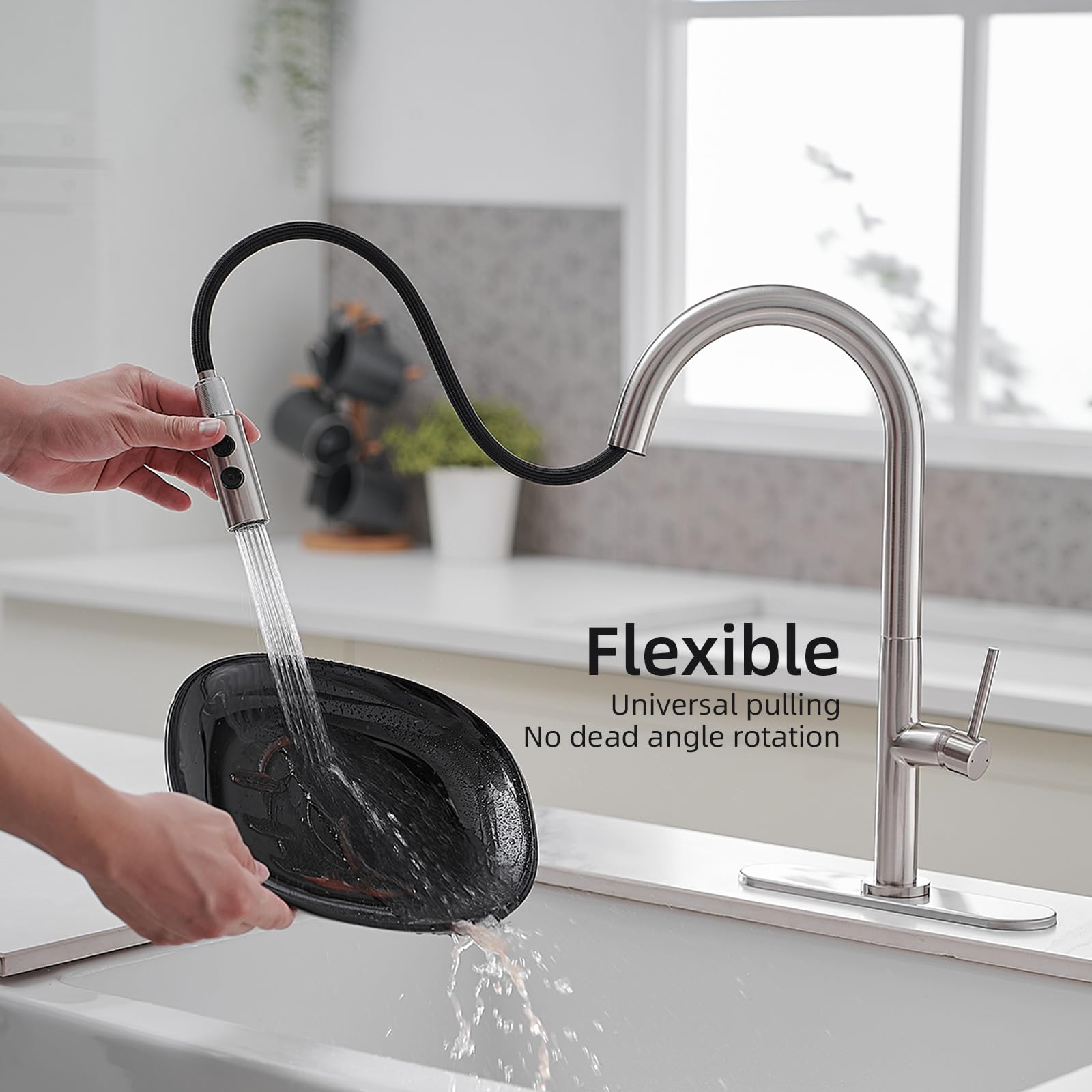 Bwe Kitchen Sink Faucet With Pull Down Sprayer High Arc Modern Kitchen Faucet Commercial Single Handle Stainless Steel Faucet For Kitchen Bar Rv With 10" Deck Plate,Brushed Nickel