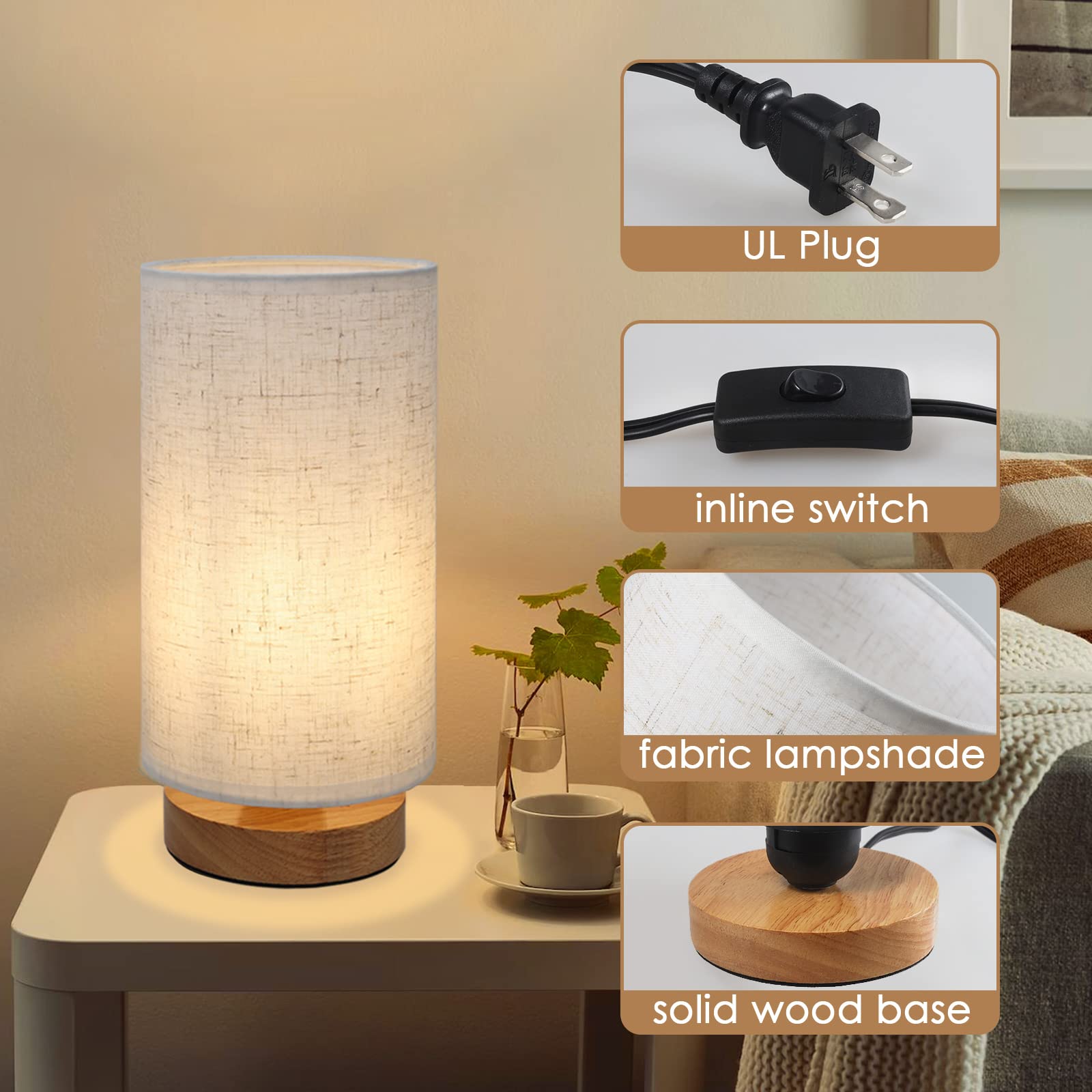 Seensiny Small Bedside Night Table Lamp For Bedroom, Minimalist Nightstand Lamp With Round Fabric Linen Shade, Study Reading Desk Lamp For Kids Room, Living Room, College Dorm, Home, Office