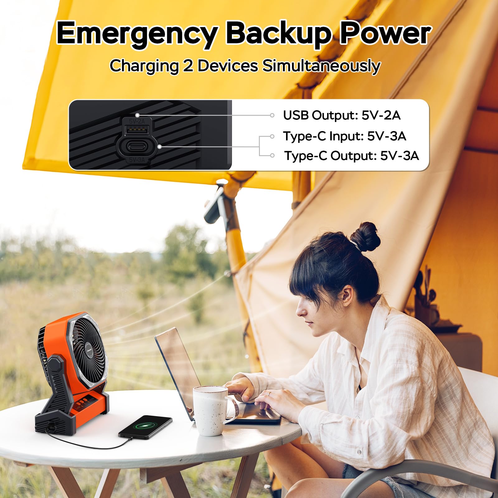 Rechargeable 20000mAh battery camping fan, 4-speed settings, and LED light, ideal for outdoor events and travel