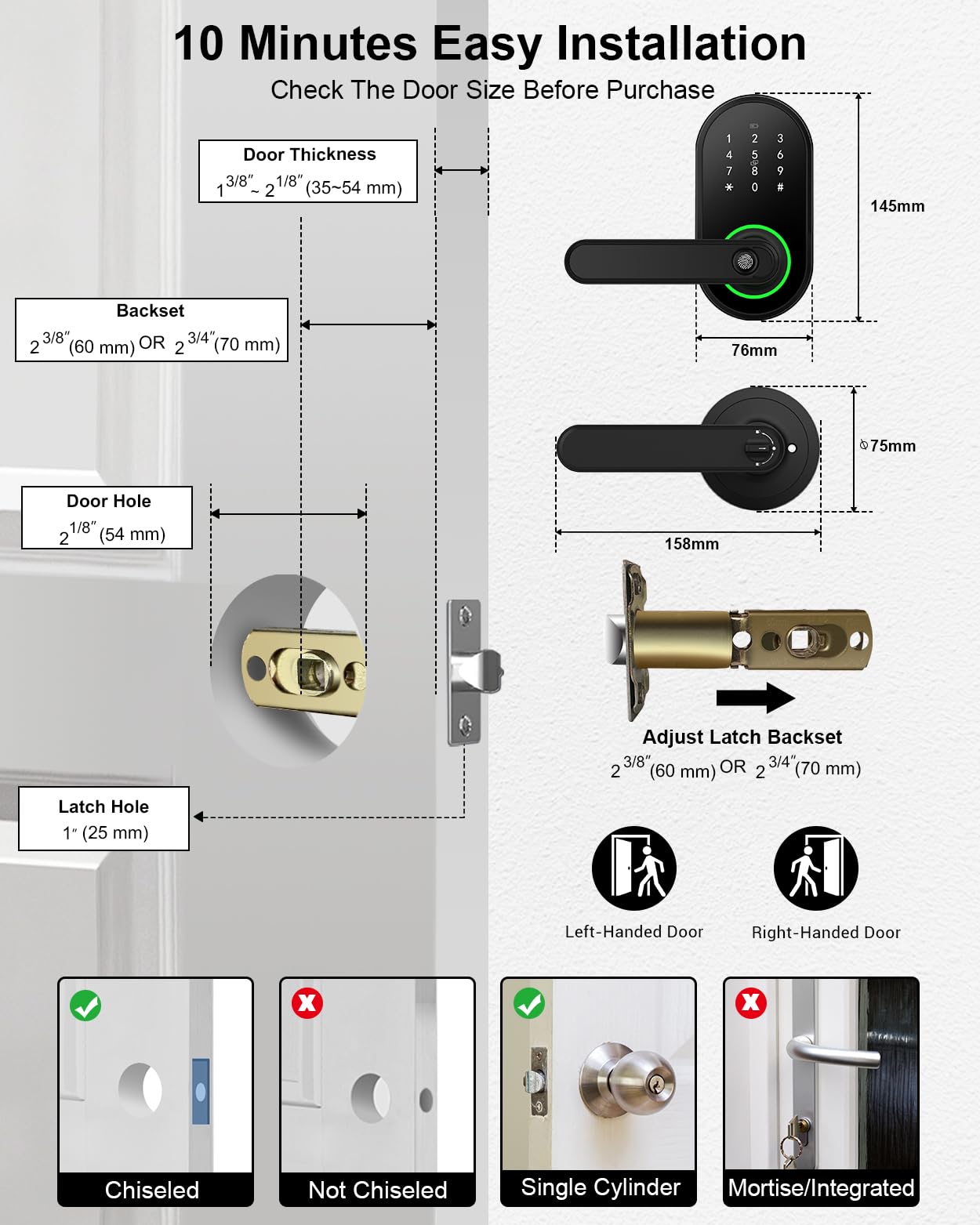 Ibicletas Smart Keypad Door Lock With Handle, Keyless Entry Digital Door Lock For Front Door, Fingerprint Electronic Door Knob With App, Security Lever For Bedrooms, Apartment, Local Data Storage, Black