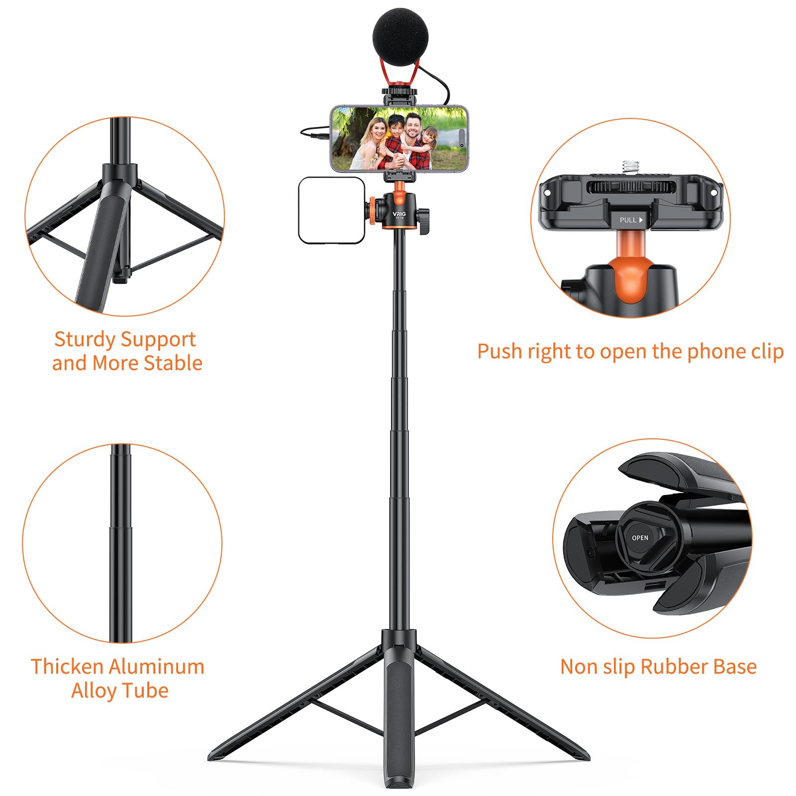 Uurig Vrig 55" Extendable Phone Tripod, 2-In-1 Selfie Stick With Phone Clip And Rotatable Cold Shoe, 360° Ball Head Portable Travel Tripods For Camera, Iphone, Action Cameras, Tp-16