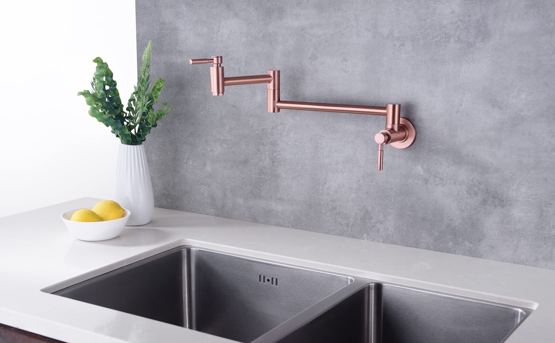Fonveth Copper Pot Filler Faucet,Brass Pot Filler Wall-Mount,Folding Stretchable Double Joint Swing Arm Single Hole Two Handle Kitchen Sink Pot Filler Faucet Rose Gold