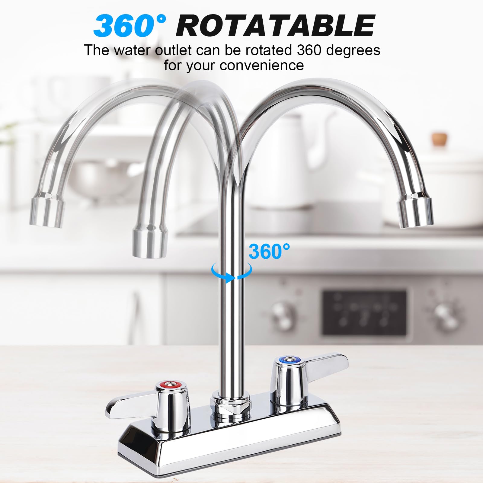 Bietor Commercial Bar Sink Faucet,4 Inch Center Deck Mount Utility Sink Faucet， 2 Hole Brass Constructed,Chrome Polished With 6" Gooseneck Spout And 90°Rotatable Dual Lever Handles.