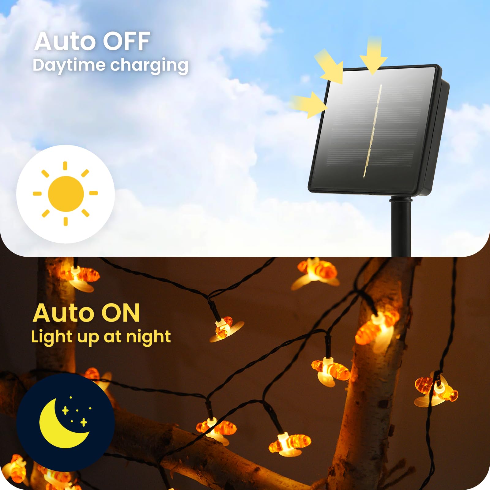 Lightique Bee Solar Garden String Lights, 20.8Ft 30Led Solar Bee Lights Outdoor Waterproof, 2 Modes Solar Garden Lights Outdoor,Bee Lights For Garden Patio Yard Lawn Decor Garden Warm White