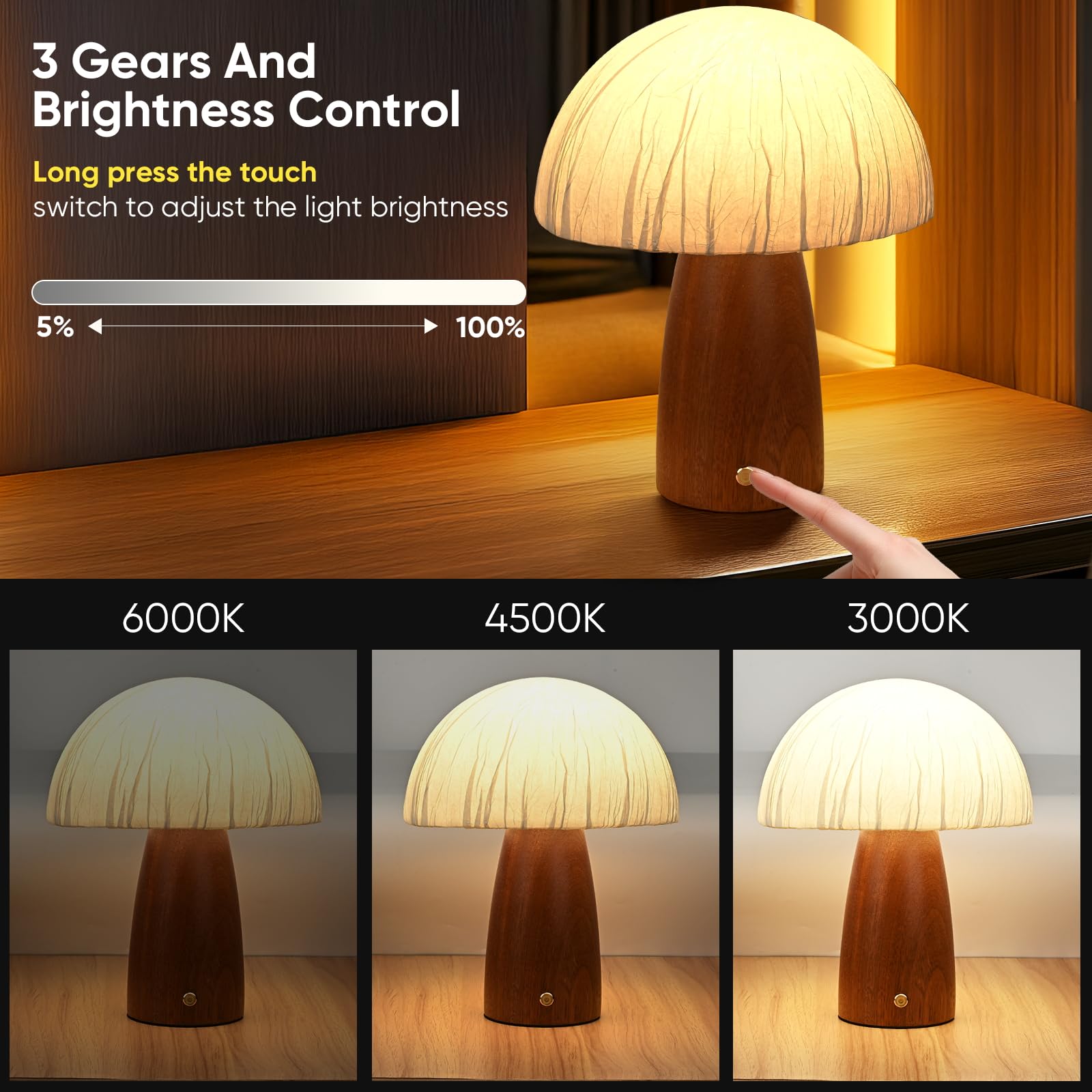 Moiandtoi Wood Mushroom Table Lamp, Led Small Bedside Touch Lamp, Rechargeable Portable Cordless Battery Operated Lamps For Night Stands Living Room, Bedroom,Office, Night Light For Birthday