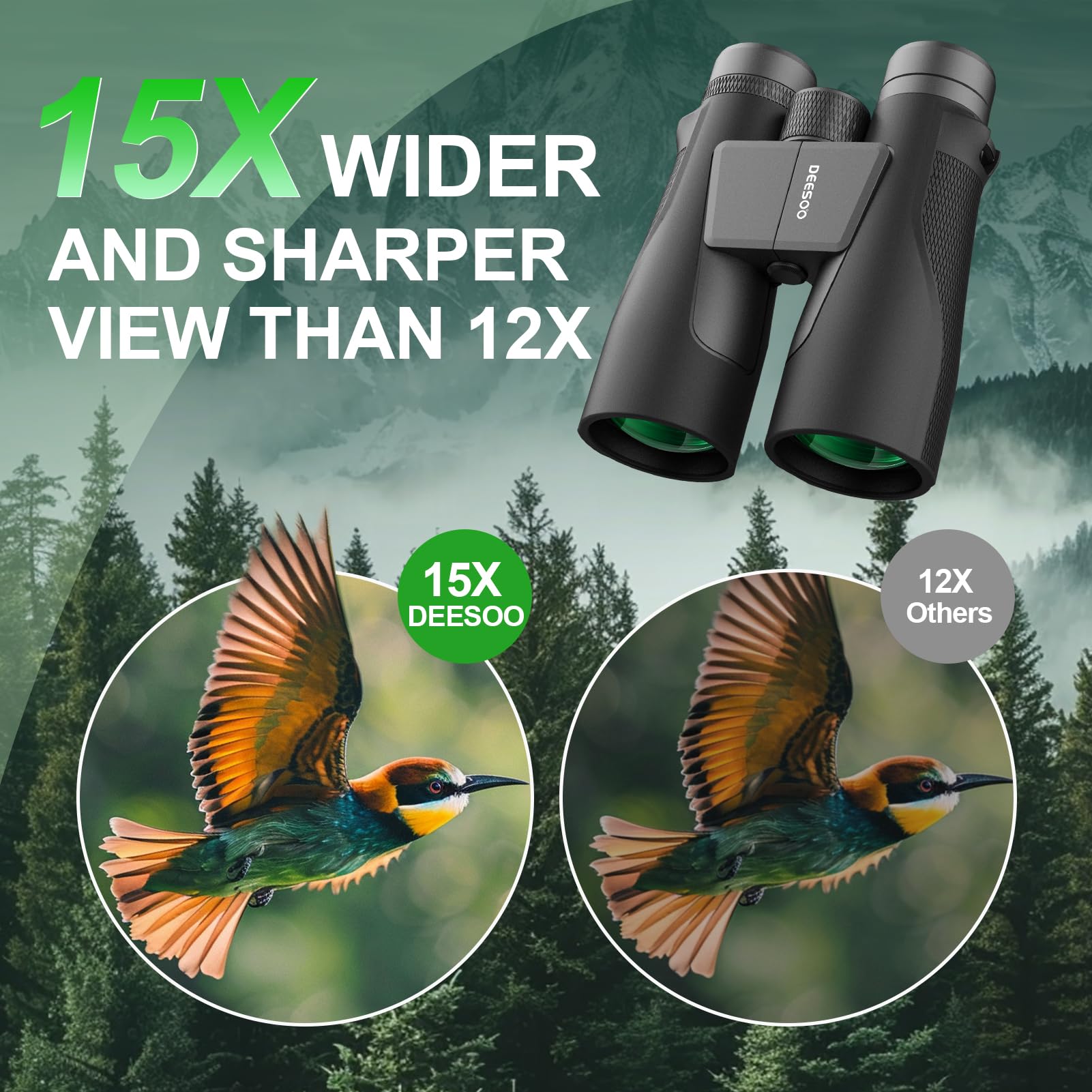 Deesoo 15X56 Hd Binoculars For Adults High Powered: Waterproof Binoculars For Hunting With Large View- Professional Binocular For Bird Watching Travel Hunting Stargazing,Black