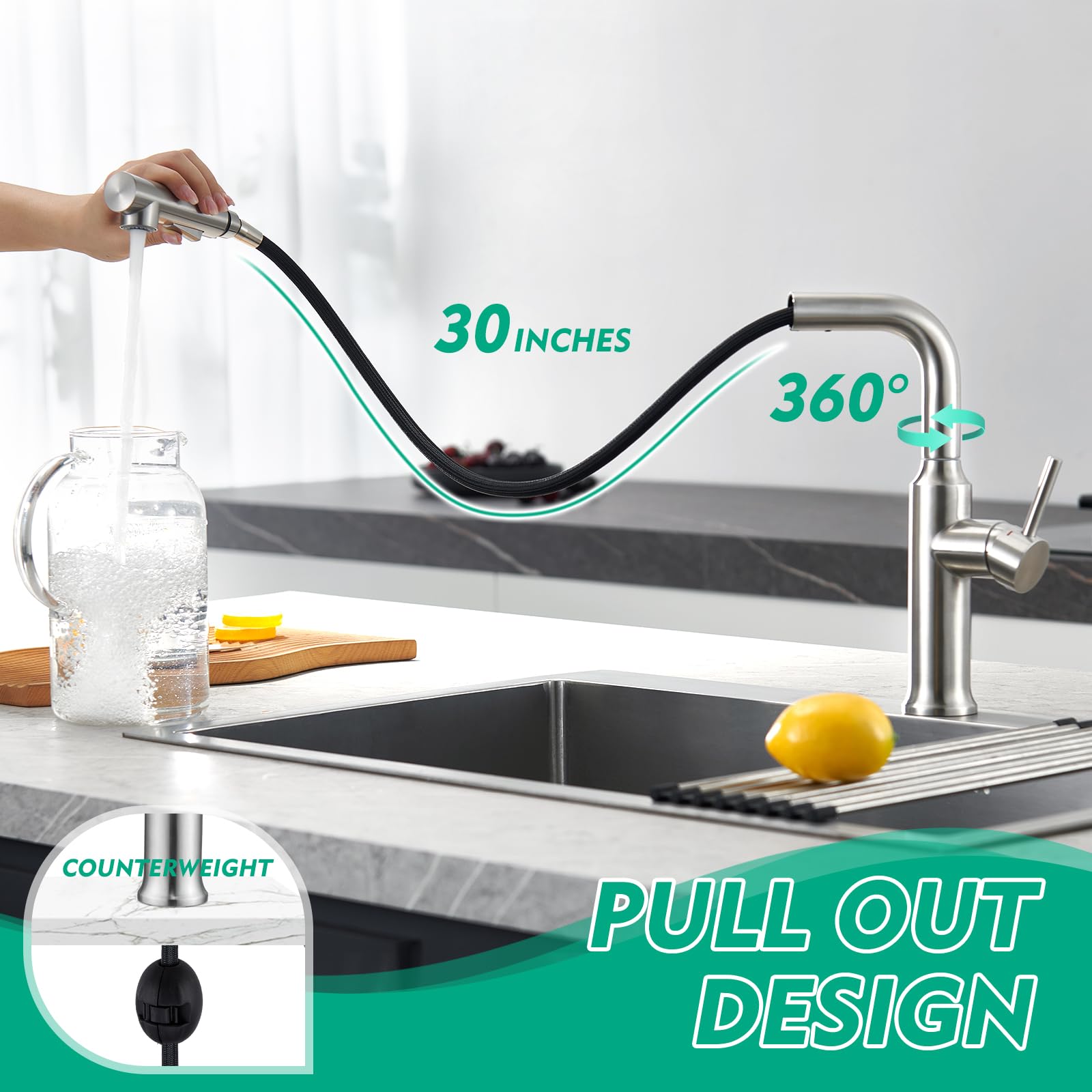 Crea Kitchen Faucet With Soap Dispenser,Kitchen Faucets With Pull Down Sprayer,Bar Sink Faucet Single Handle Right Angle Brushed Nickel Stainless Steel Commercial Rv Uitility Laundry Faucet