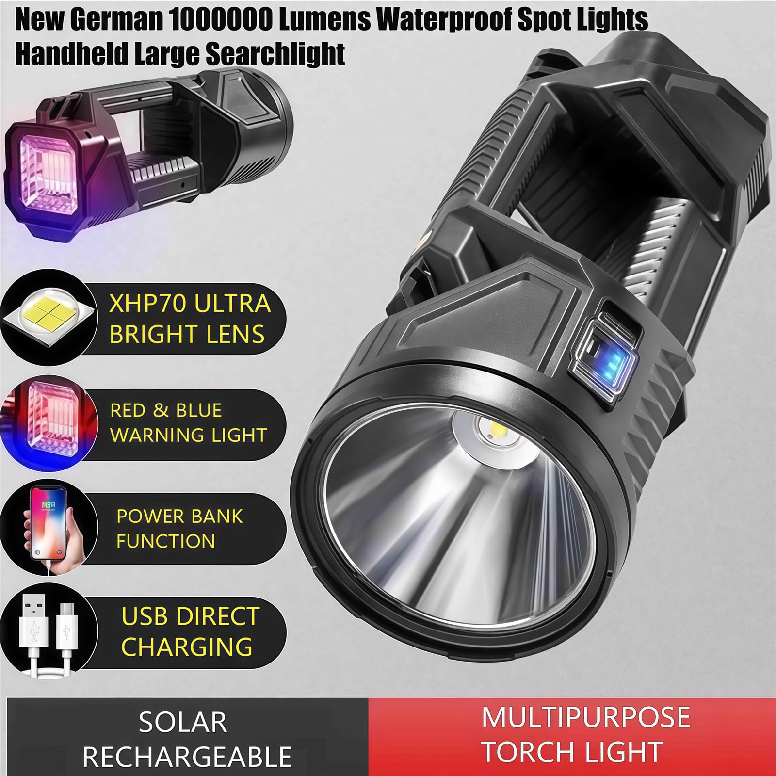 Bibifactory  German 1000000 Lumens Waterproof Spot Lights Handheld Large Searchlight, Repertoireof Flashlight, Super Bright Spotlight Flashlight, Super Bright Outdoor Searchlight (Large)