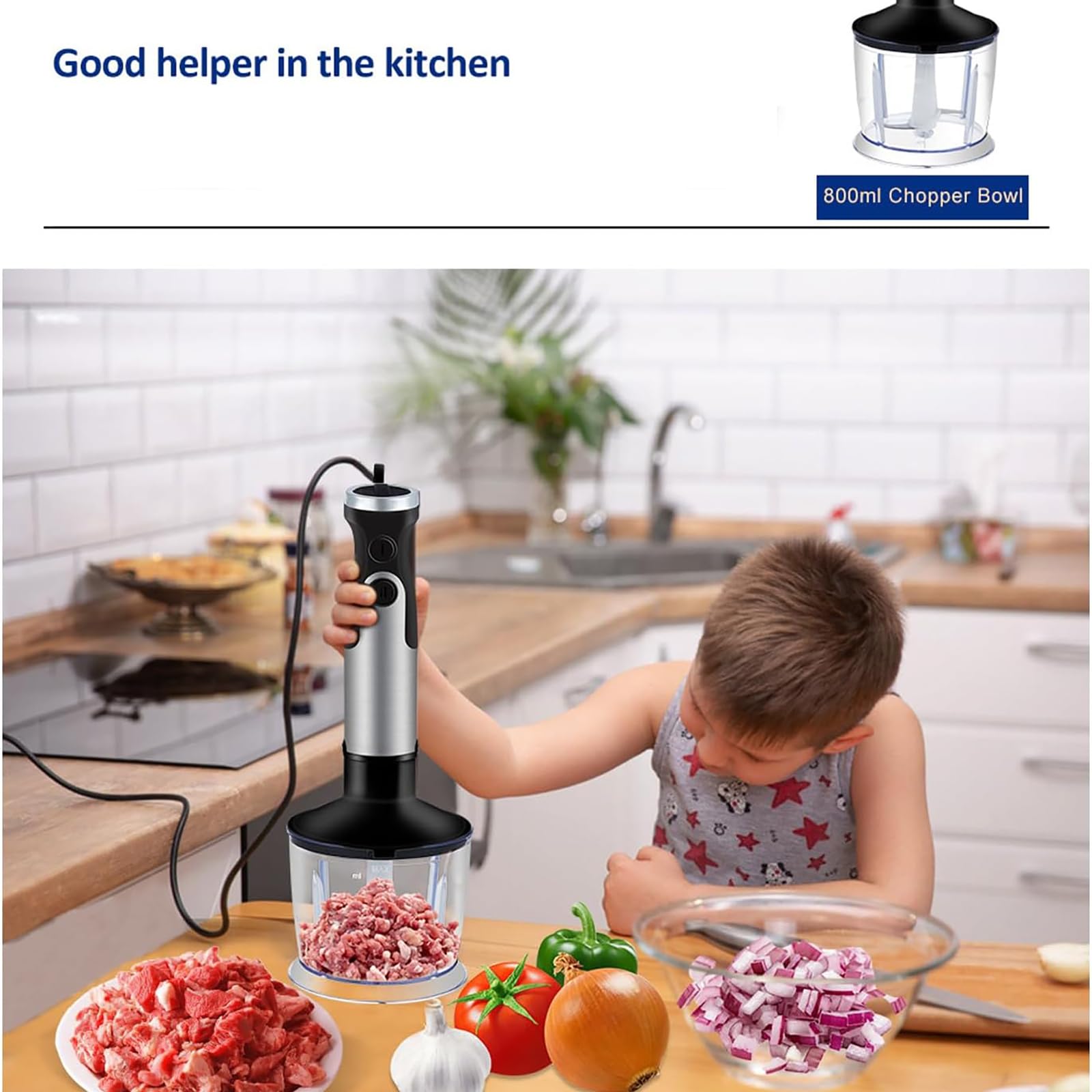 Hyykeji 5 In1 Immersion Hand Blender, 1200W Stainless Steel Handheld Blender Mixer, 6 Speed Speed Adjustment, Easy To Clean, Powerful And Stable, For Smoothie, Baby Food, Sauces