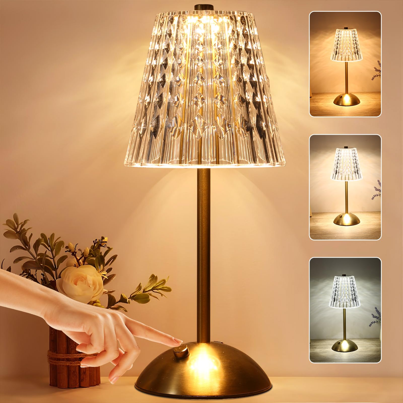 Kaioled Cordless Lamp,Dimmable Crystal Table Lamp 3 Colors Led Gold Lamp,Touch Lamp Diamond Crystal Lamp, Rechargeable Small Lamp, Wireless Lamp Vintage Lamp For Bedroom Living Room Bathroom Hotel Bar