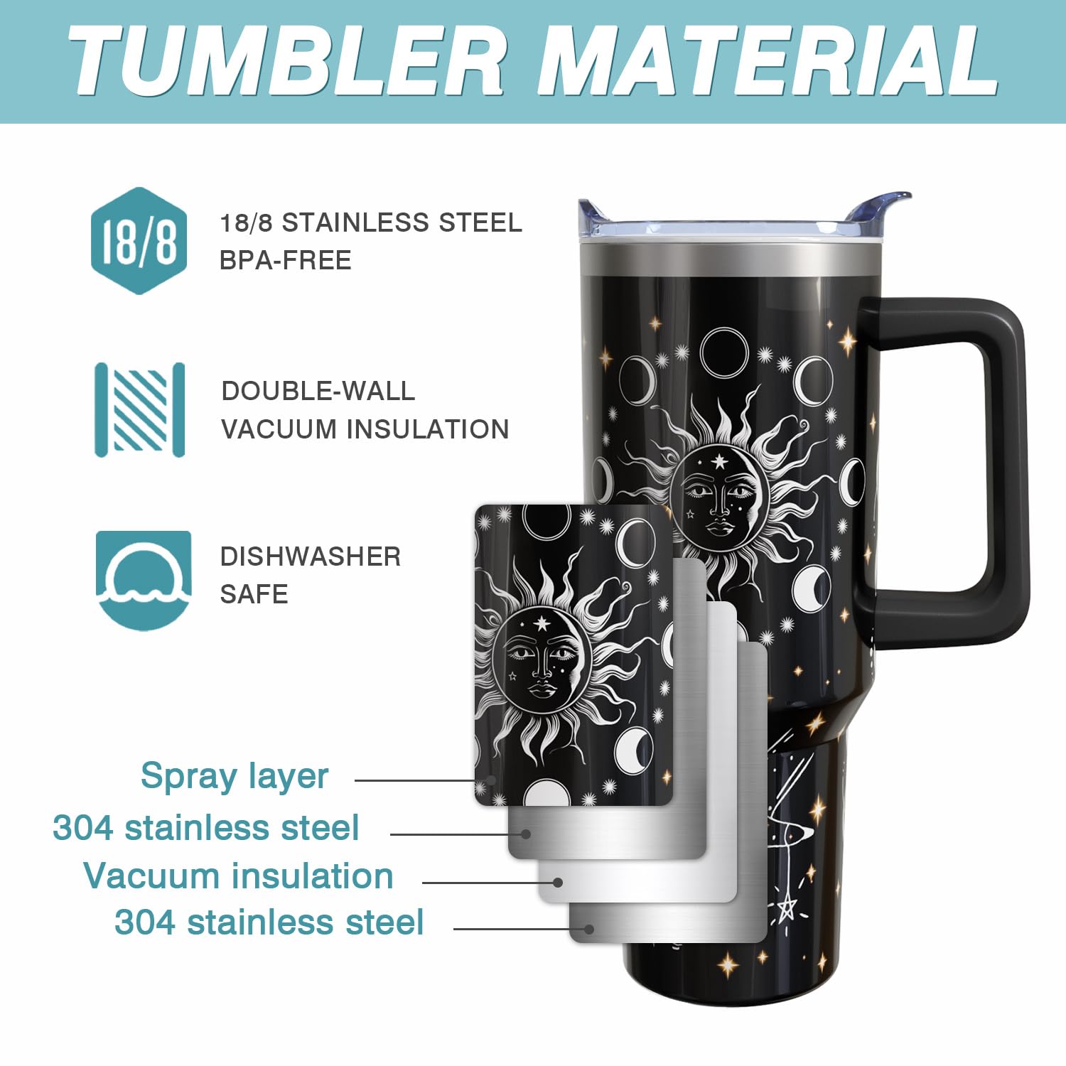 40 Oz Sun And Moon Tumbler With Handle And Straw,Stainless Steel Cup Extra Large Vacuum