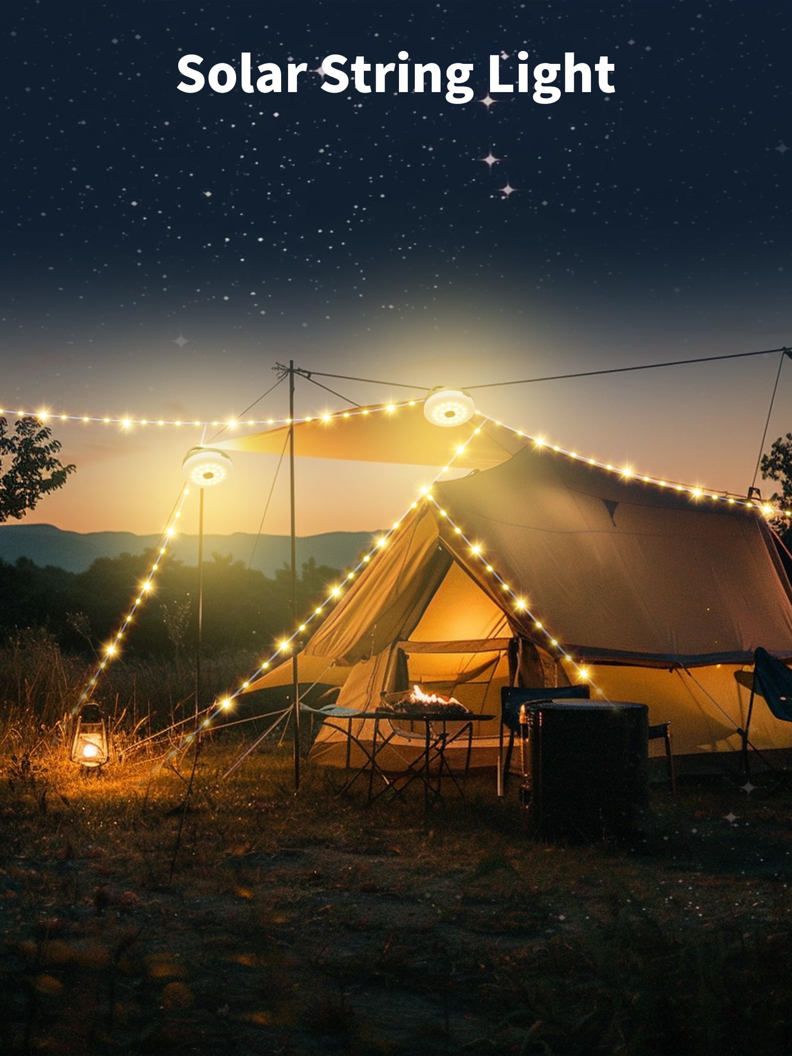 Hurimatan Solar Camping String Lights For Outside, 33Ft Retractable Colored Fairy String Lights Camping With Snap Portable Waterproof Solar Powered Camp Light For Tent Awning Decor