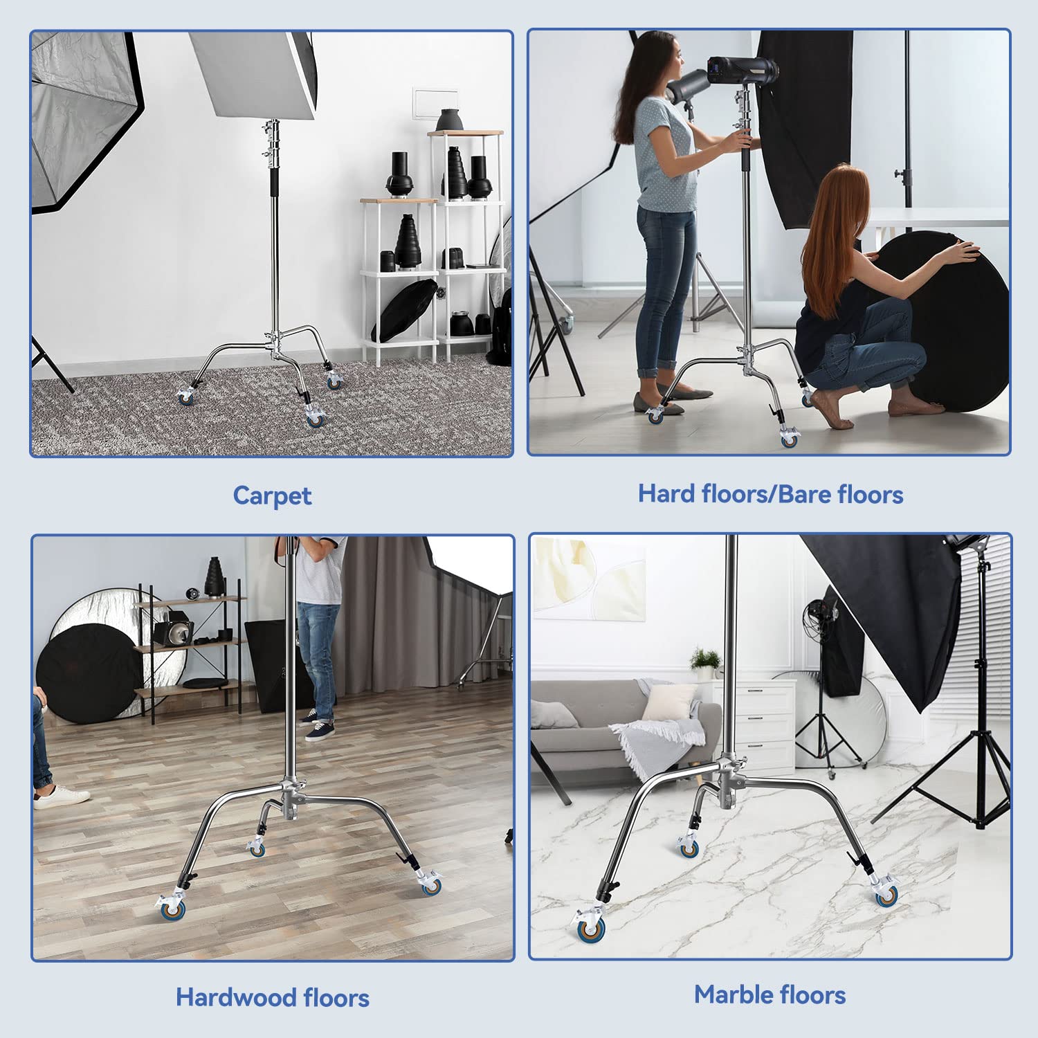 Takerers Photography C Stand Wheels 25Mm: Heavy Duty C Stand With Boom Arm Wheel Base, Compatible With Takerers/Neewer And Other 25Mm C Stand Legs For Carpet & Hard/Bare/Hardwood/Marble Floors - 3 Pack
