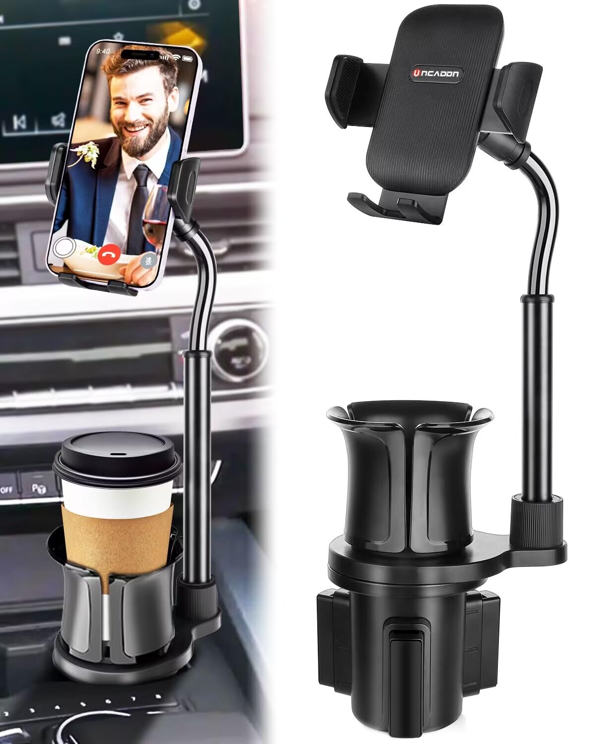 Uncaddn Cup Phone Mount For Car, 2 In 1 Universal Cup Phone Holder For Car, Stretchable Long Neck Car Phone Mount, Hands  360° Rotation Compatible With All Smartphones