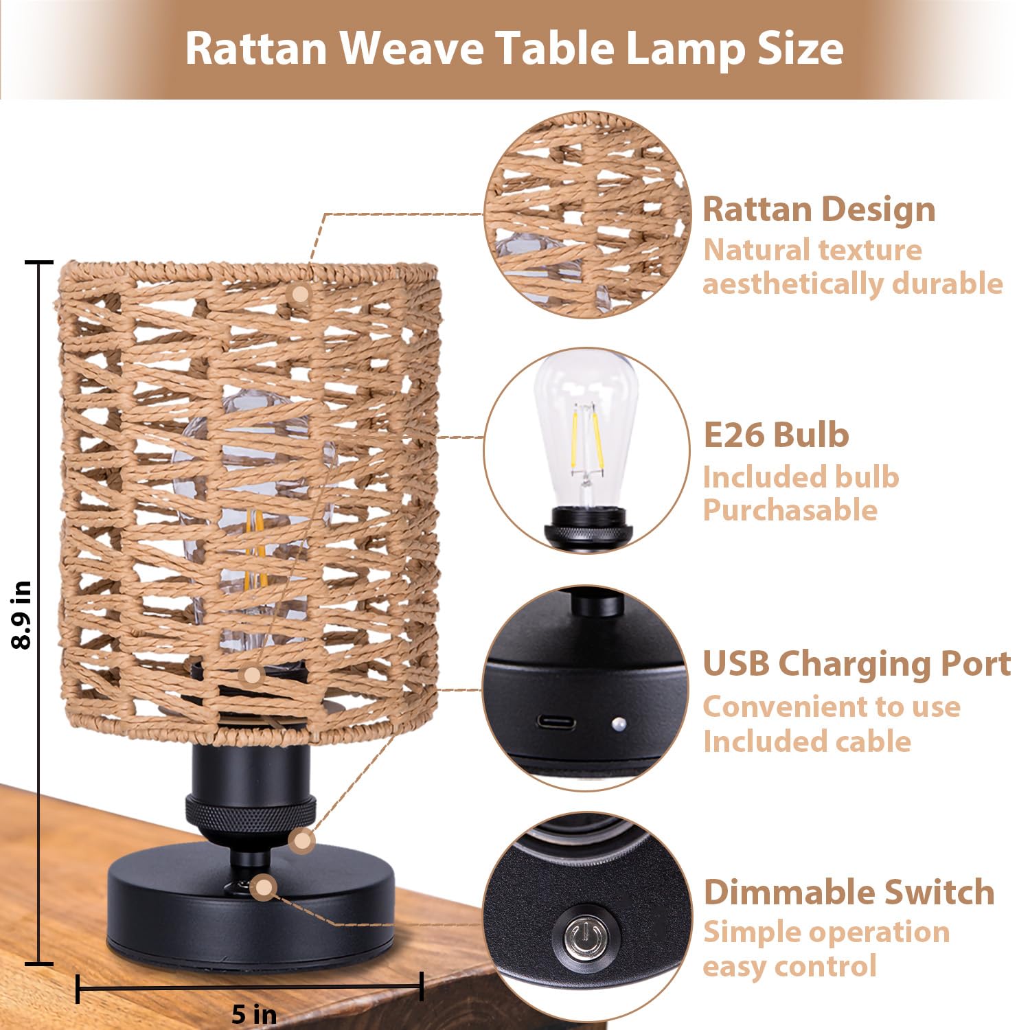 All Fortune Cordless Outdoor Table Lamps, Small Rattan Boho, Rechargeable Battery Operated For Outdoor Patio, Home, Living Room, Bedroom, Bedside - Set Of 2 (Beige-B)