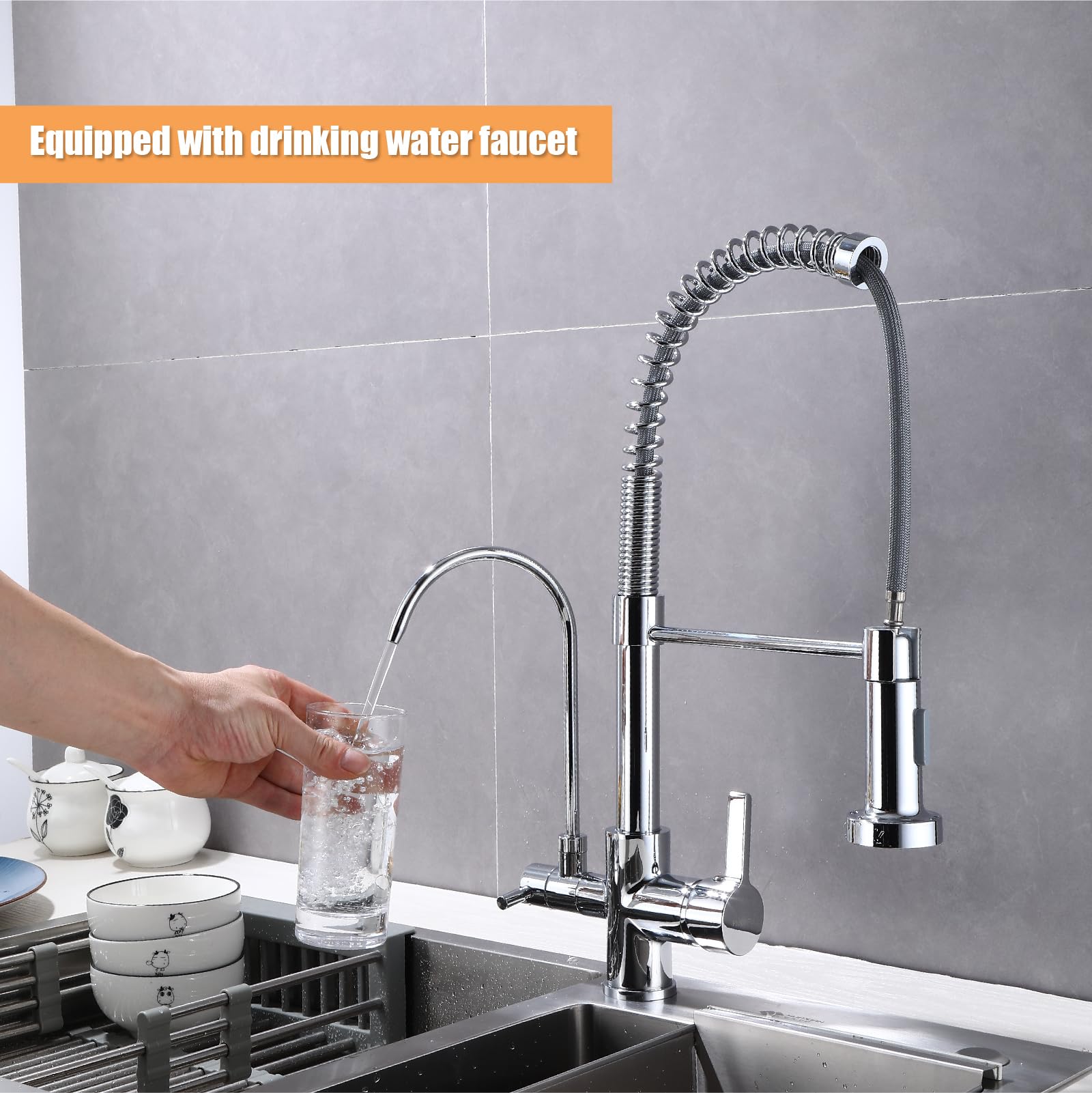 Piiripple Kitchen Sink Faucet With Sprayer 2 Handle 3 In 1 Water Filter Purifier Spring Drinking Water Faucets, Brass Drinking Water Faucet Reverse Osmosis Faucet,Chrome, Js00001C