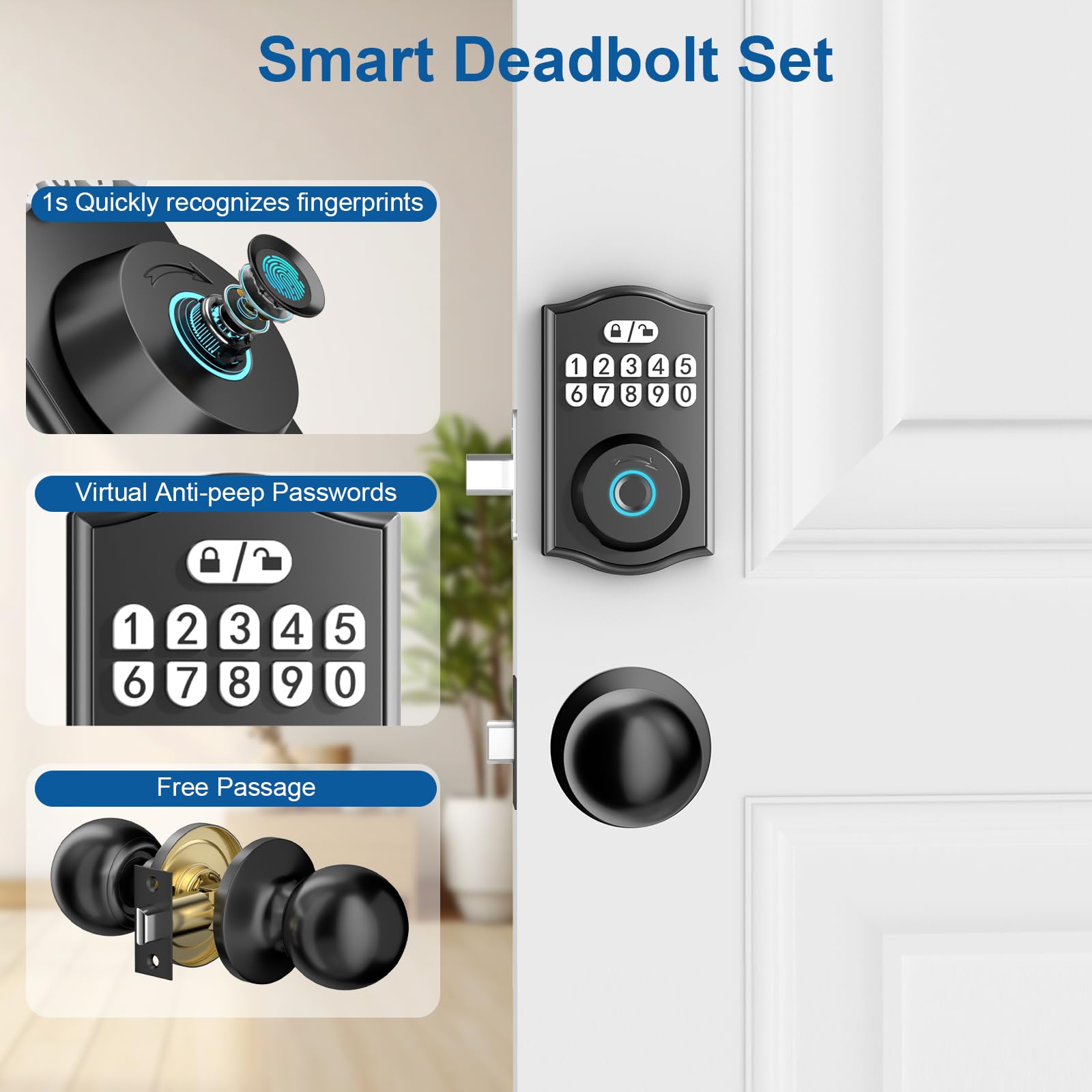 Bafuweiy Fingerprint Door Lock With Door Knobs Set, Keyless Entry Door Lock Deadbolt With Handle, Smart Front Door Lock Set With App Control/Fingerprints/Passwords/Auto-Lock/Easy Installation Black