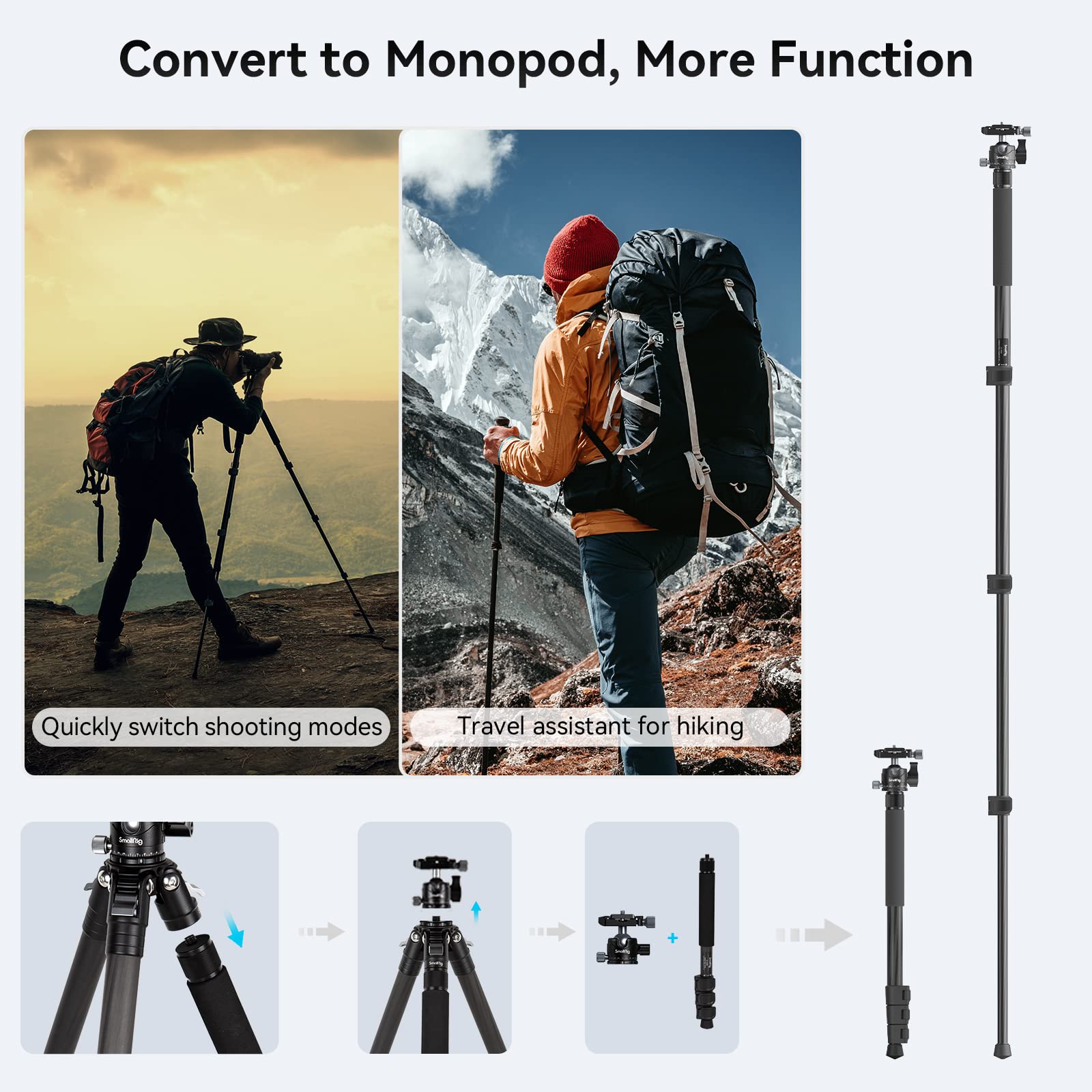 Smallrig Ap-10 Carbon Fiber Tripod, 52.4" Lightweight Compact Camera Tripod With Detachable Monopod, 360° Ball Head, Quick Release Plate, Payload 26.5 Lbs, For Canon For Sony, Dslr Camera, Phone-4060